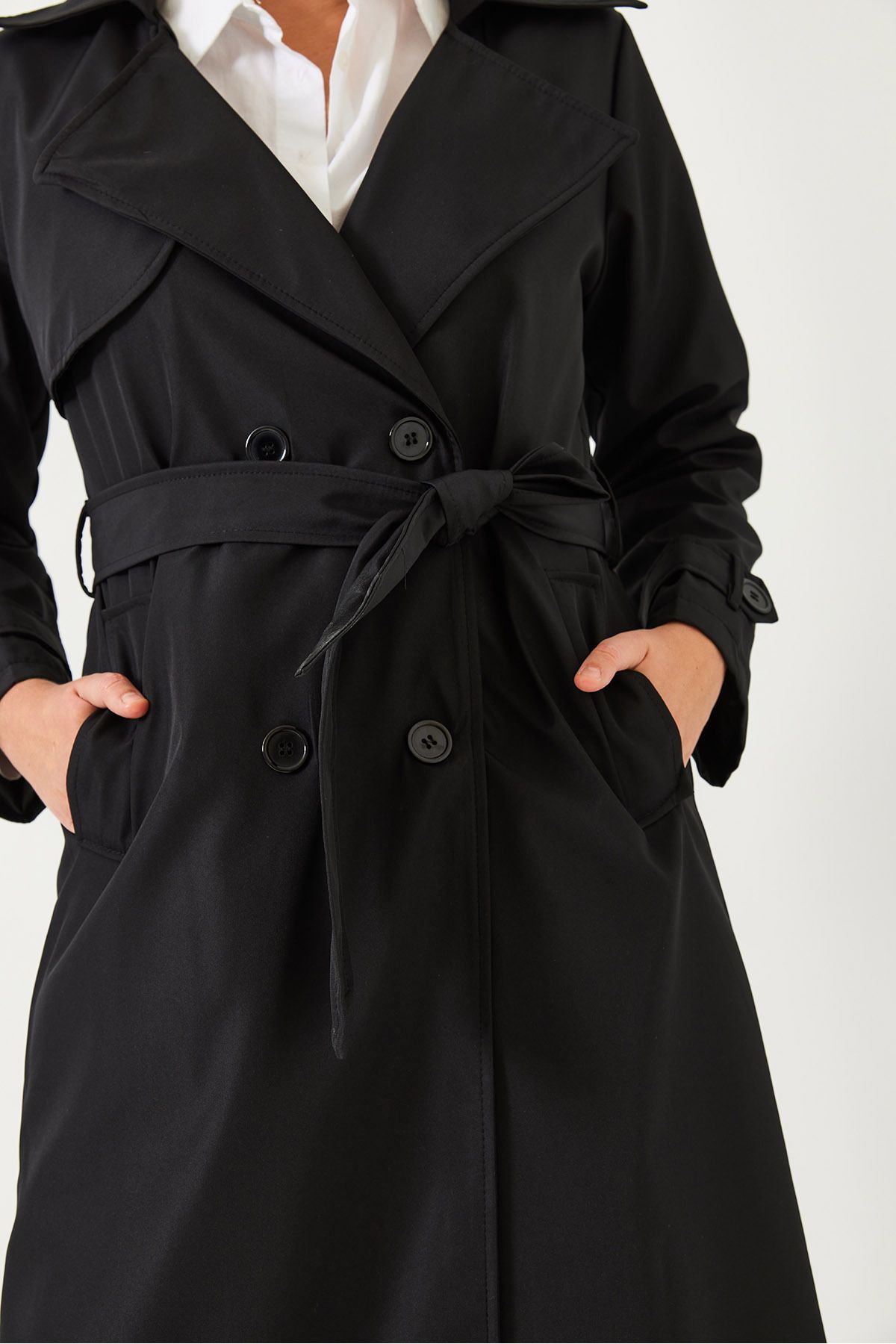 Bianco Lucci-Women's Double Breasted Neckline Belted Trench Coat with Pockets 5918 60261067 7