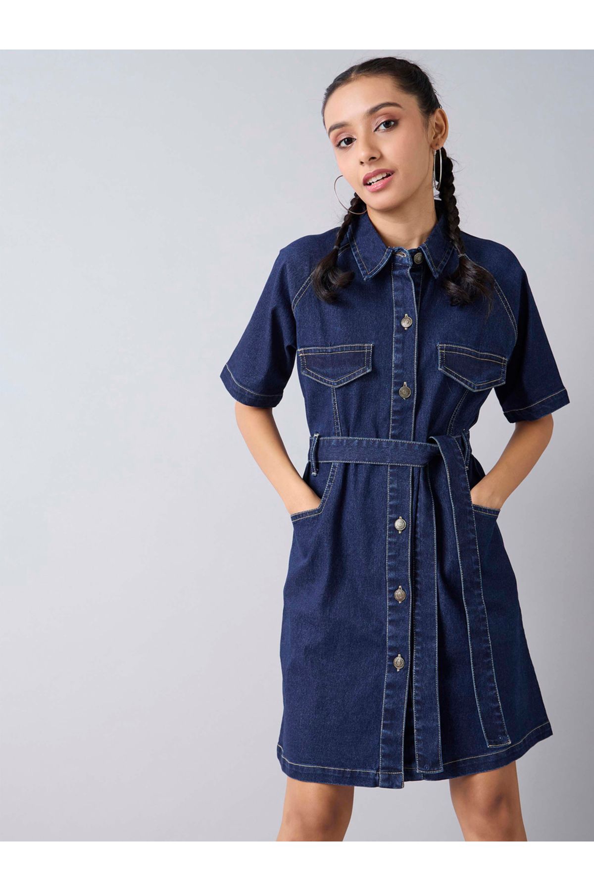 NOH-VOH By Styli-Acid Wash Denim Collared Shirt Dress with Tie Up Belt 6