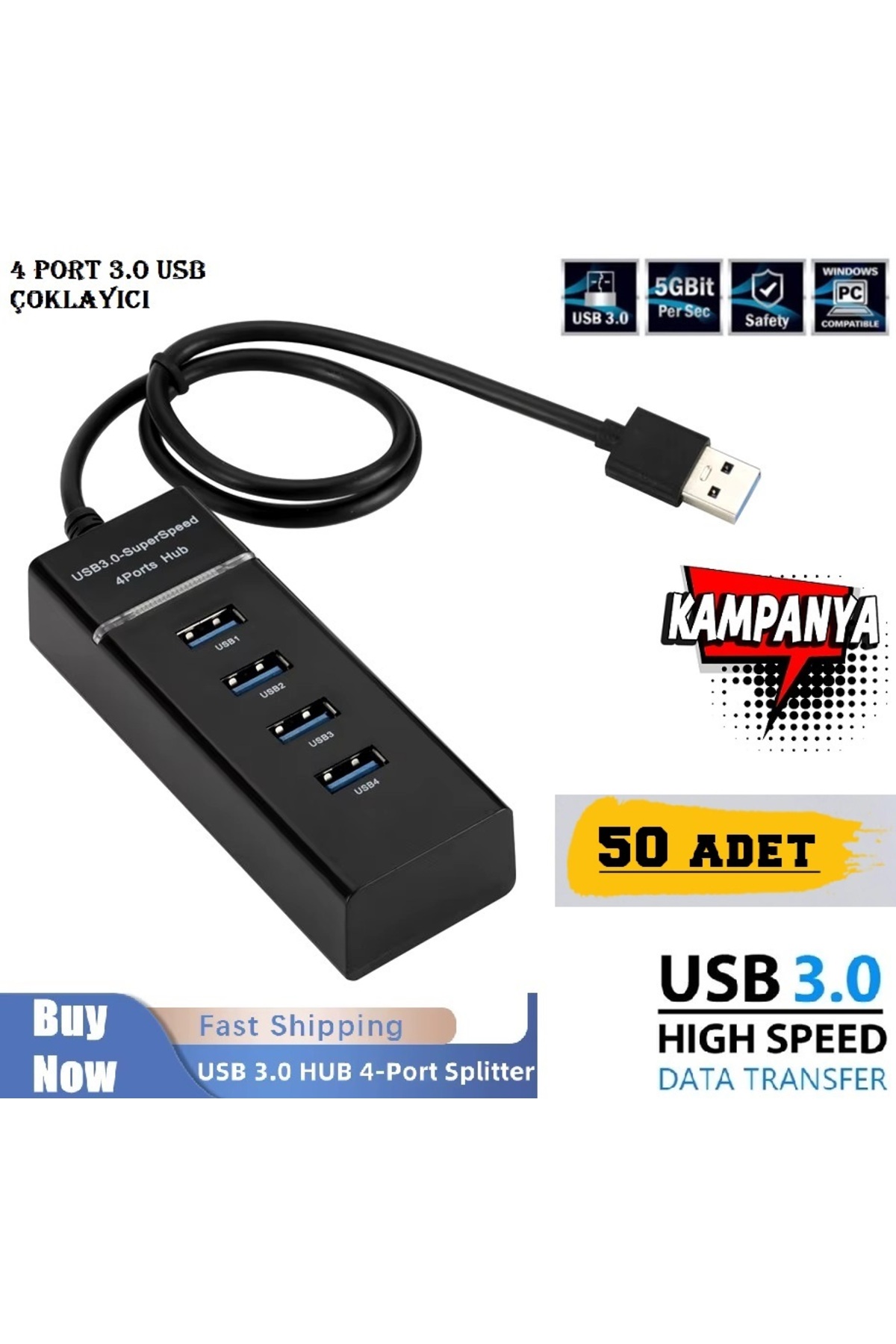 4 Port Usb 3.0 Hub Çoğaltıcı Çoklayıcı Swıtch Hızlı Çoklama Splitter Laptop Uyumlu 50 Adet