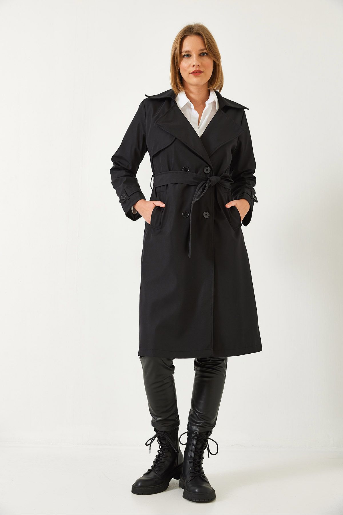 Bianco Lucci-Women's Double Breasted Neckline Belted Trench Coat with Pockets 5918 60261067 5