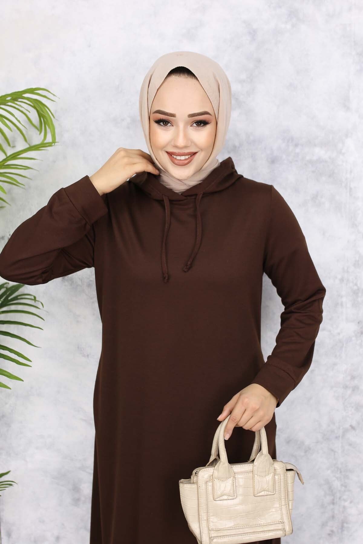 benguen-Brown Hooded Basic Dress - 5042 2