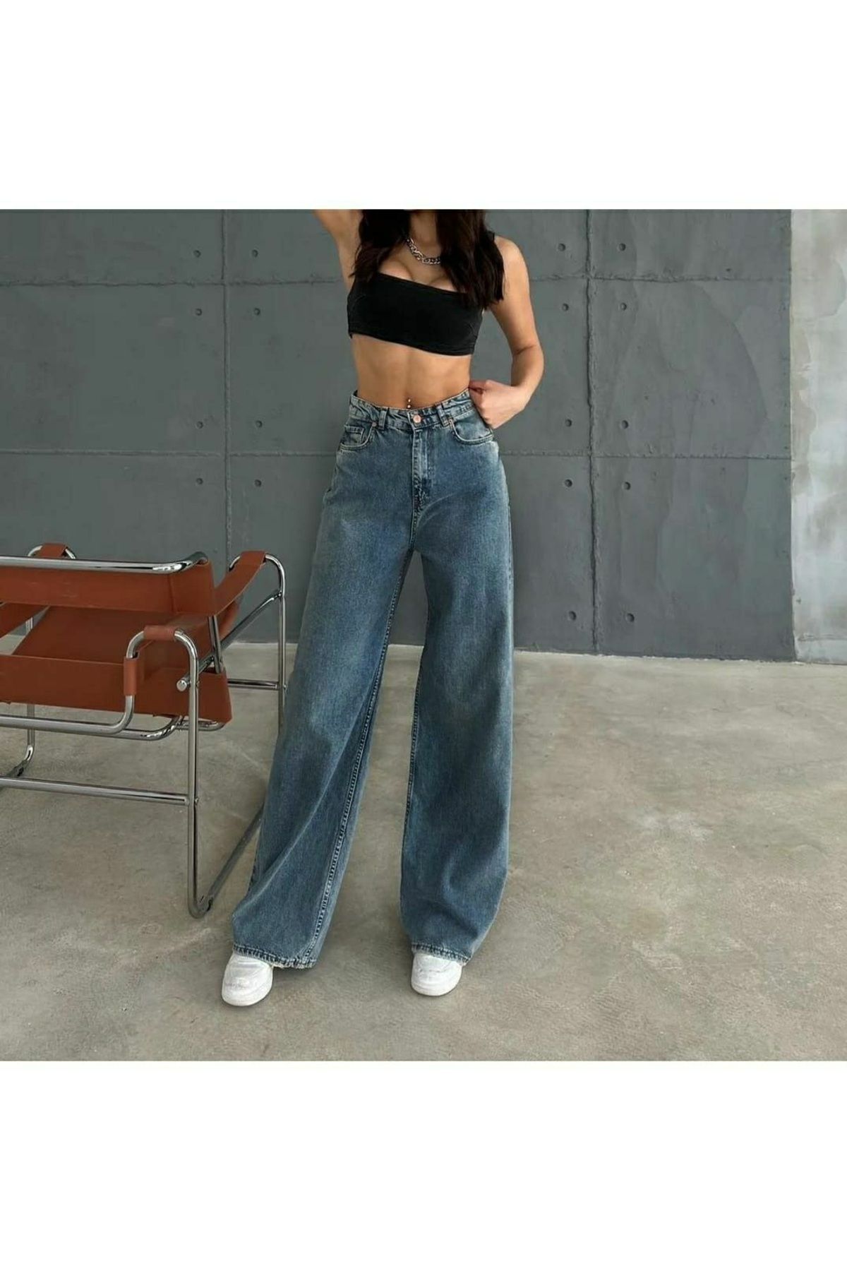 LİMABEL-Maybach Mid Blue Snow Loose Super High Waist Wide Leg Jeans 3