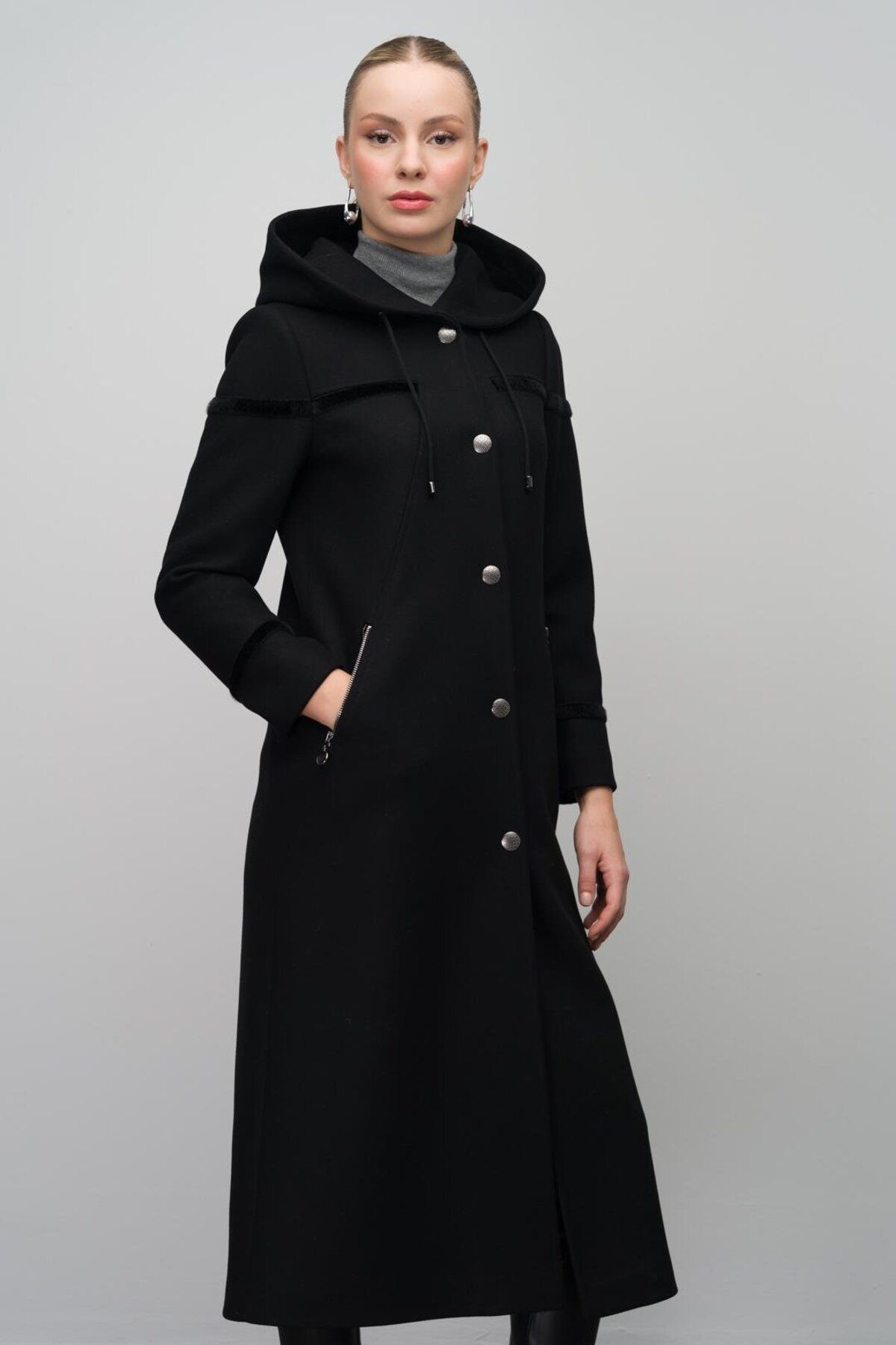 Olcay-Black Wool Blended Hooded Long Cap - Snap Closure 6631 3