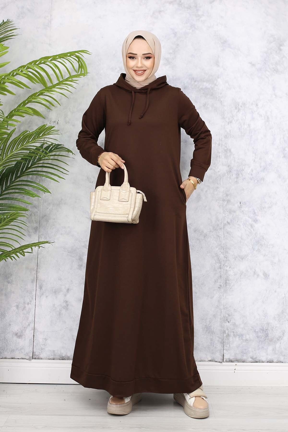 benguen-Brown Hooded Basic Dress - 5042 1