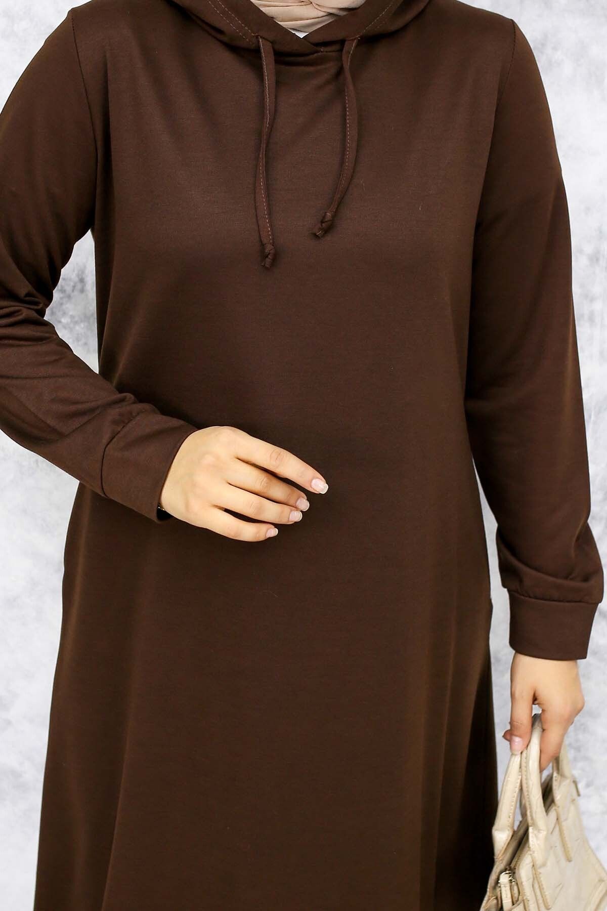 benguen-Brown Hooded Basic Dress - 5042 3