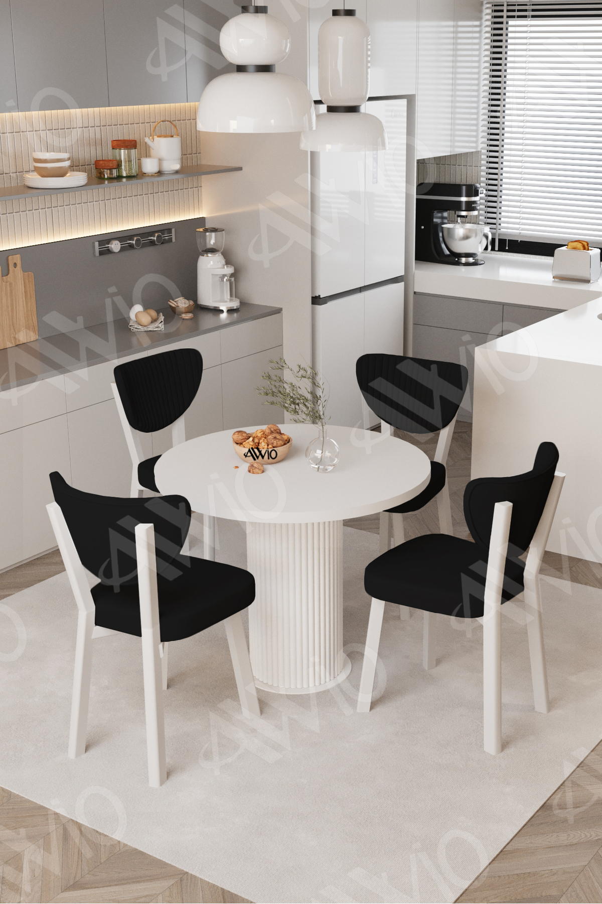 Apple Round White Kitchen Table Set of 4 Chairs 90x90 cm