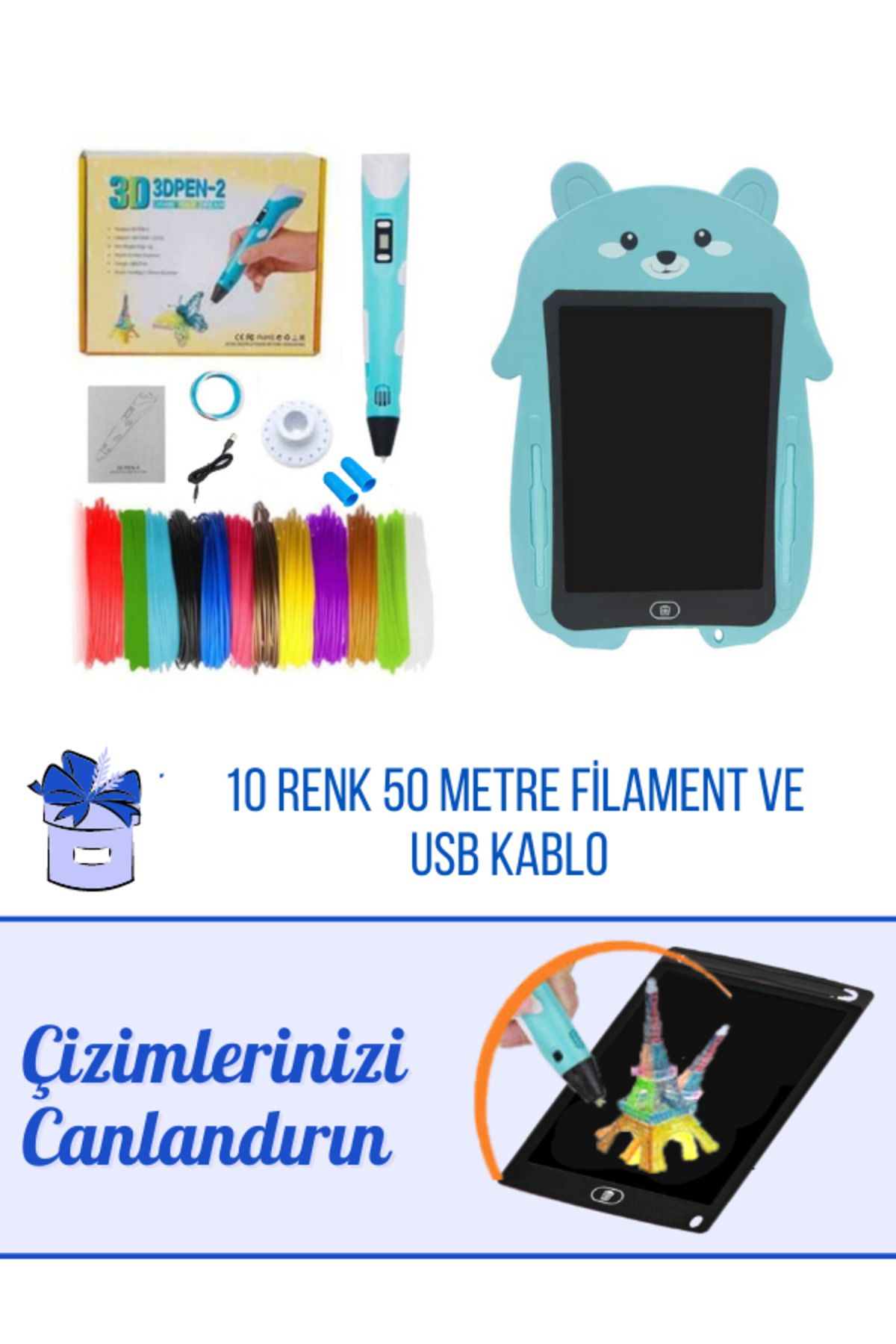 SolinpaTech 3d Kalem 3d Pen Üç Boyutlu Yazıcı Kalem Ve Grafik Yazı Tableti Mavi (50 METRE FİLAMENT VE USB KABLO)