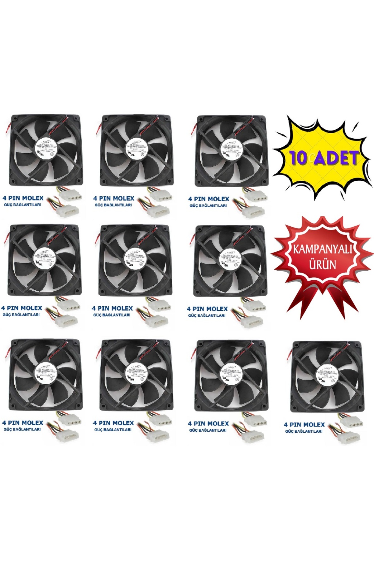 12 cm Dc 12v 4 Pinli 120x120mm 12cm Kare Kasa Fanı Molex-pin Soketli Fan Sessiz Siyah 10 Adet