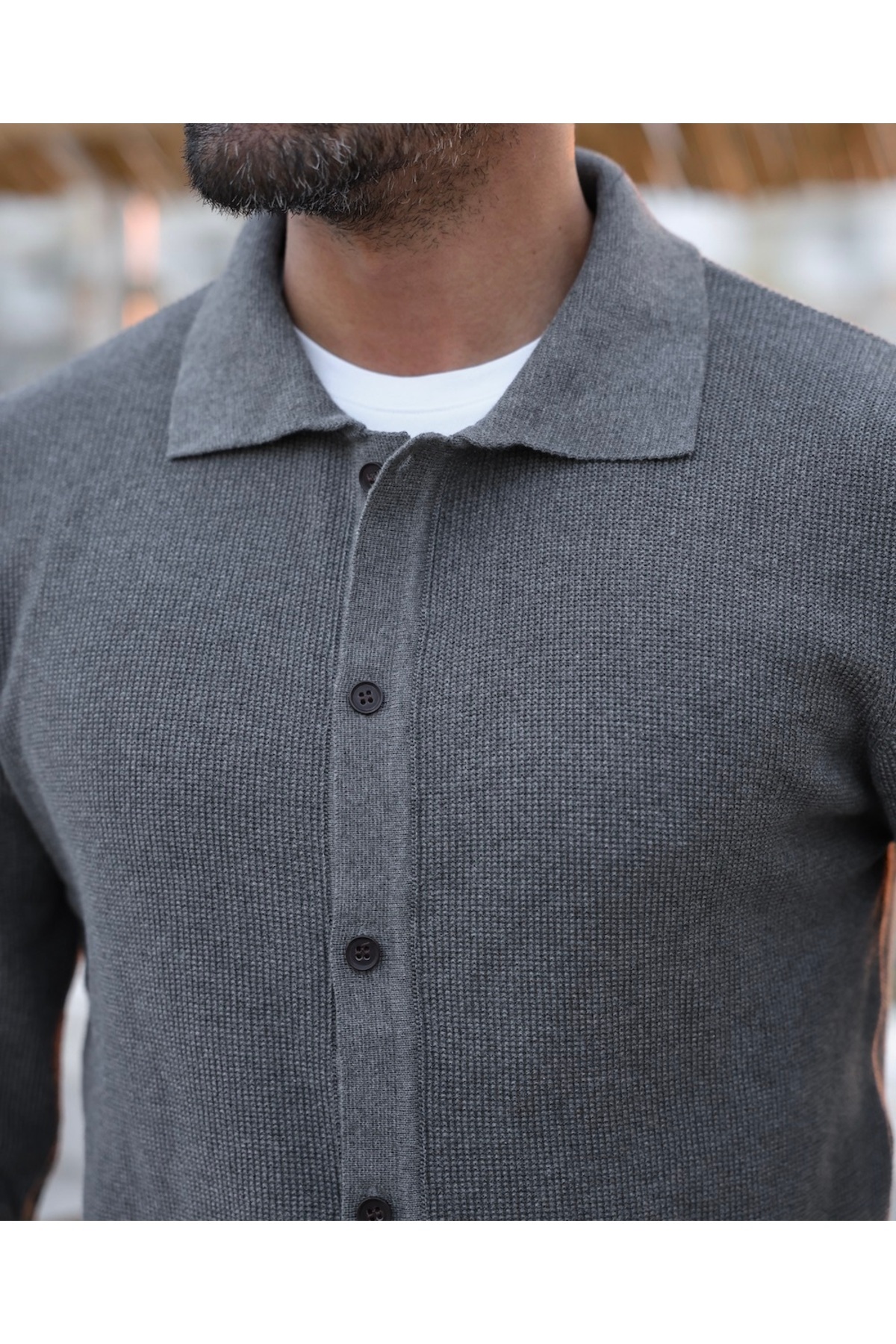 hateko-100% Cotton Gray Waffle Knitted Shirt Collar Knitwear Cardigan 3