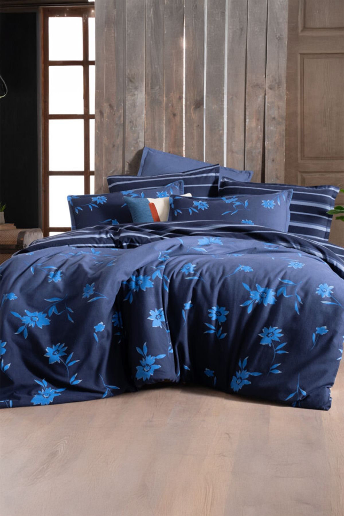 Sarev-Renata Dark Blue 100% Cotton Flannel Double Duvet Cover Set 1