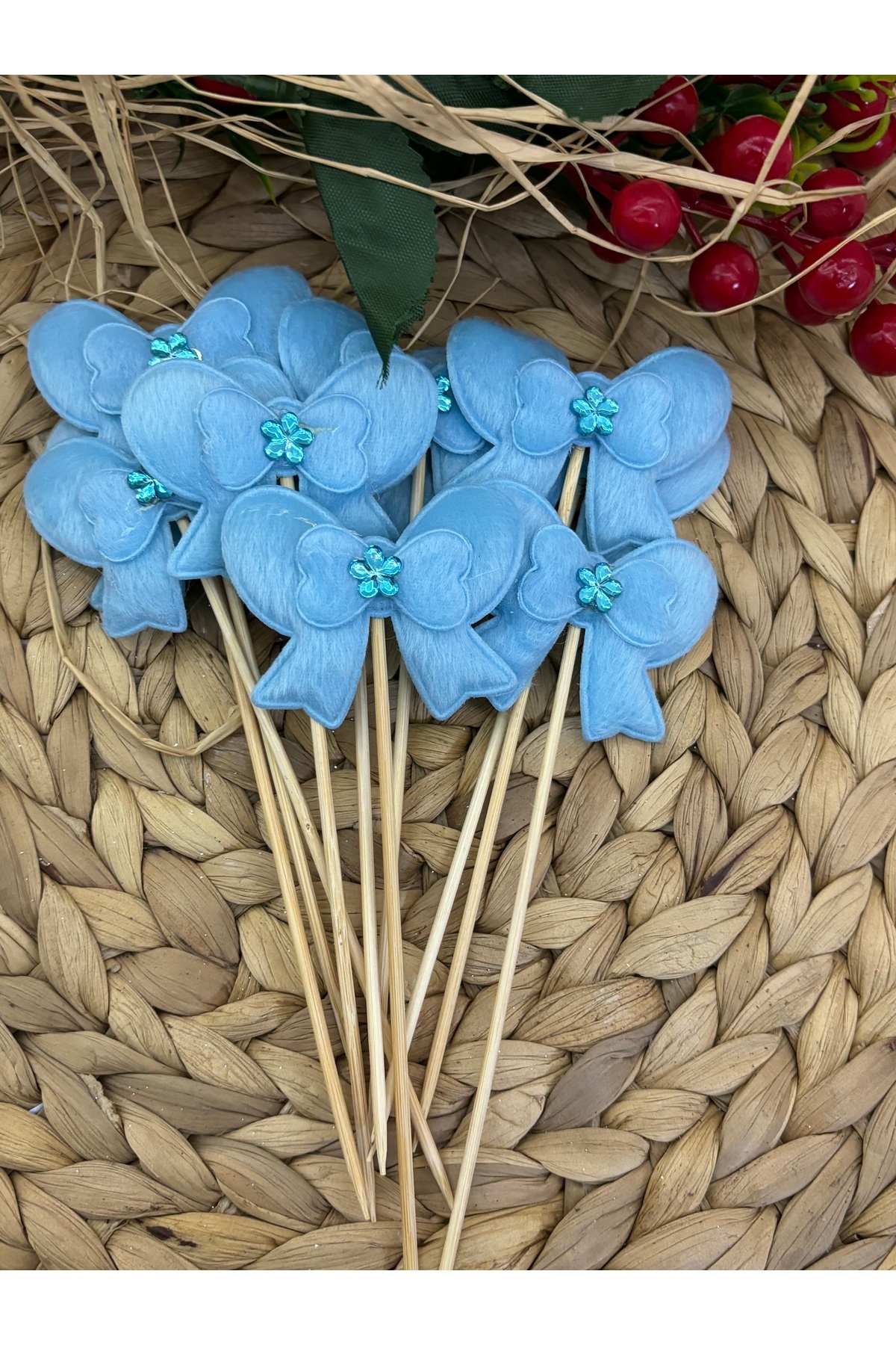 Deniz Party Store-16 cm Blue Stone Long Toothpick Bow - 10 Pieces 3