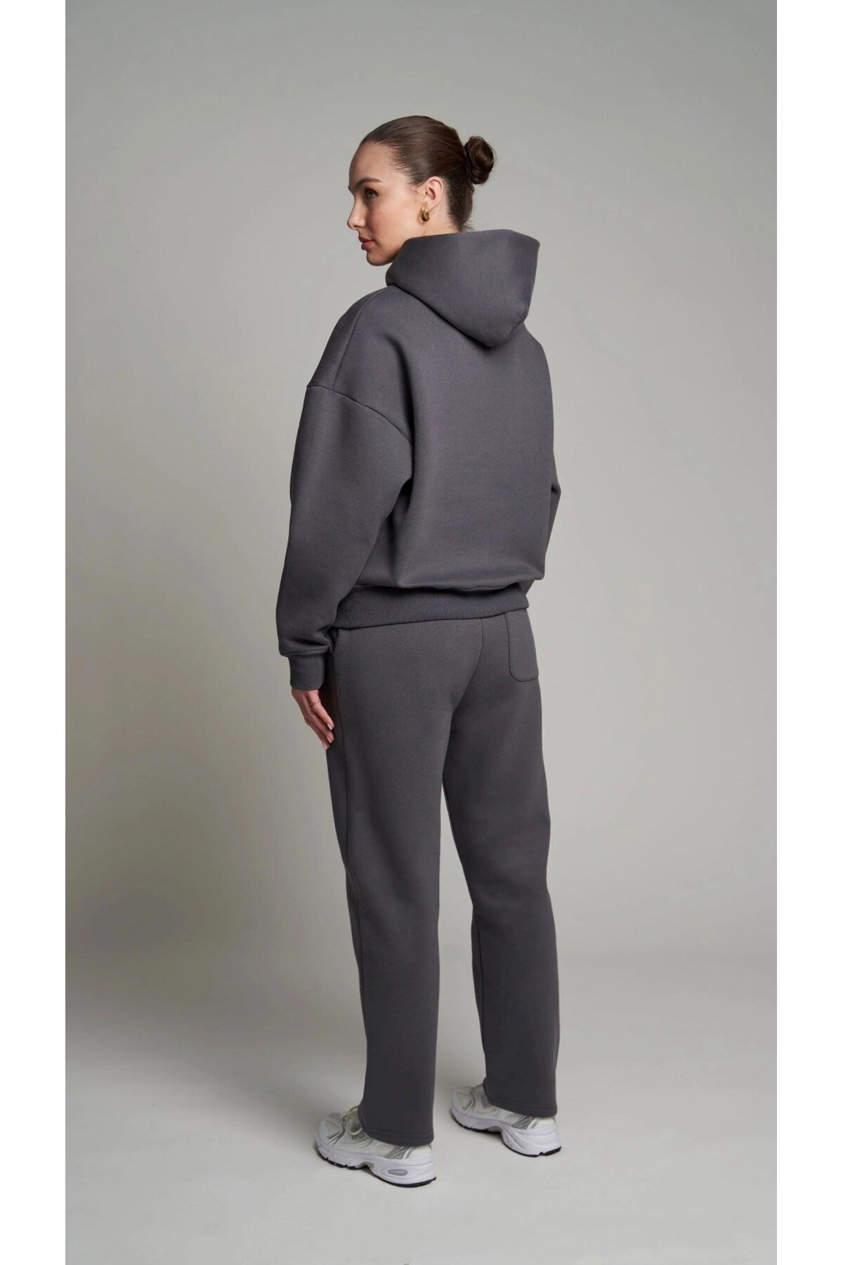 The Champ Clothing Kadın Oversize Sweatshirt Hoodie Basic Füme, Kapüşonlu, Kanguru Cep, 3 İplik Şardonlu görsel 3