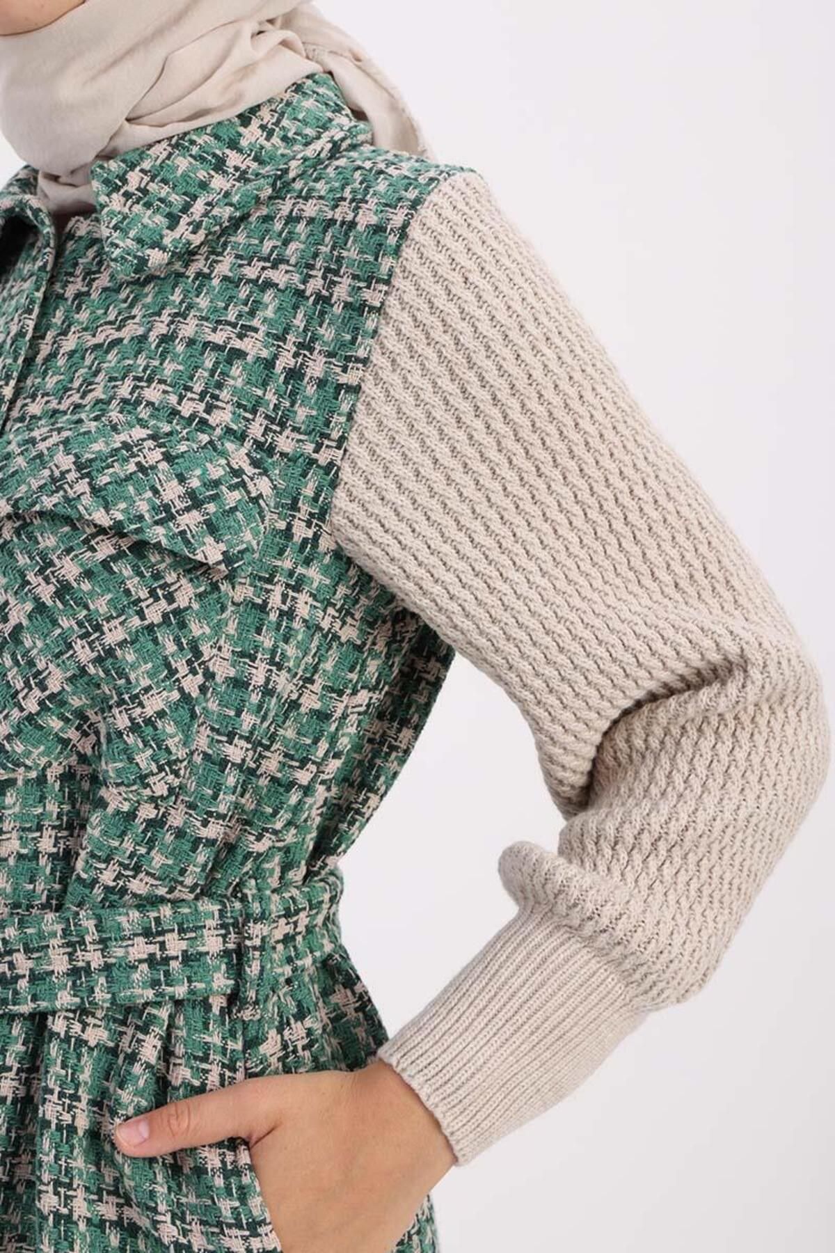 ALLDAY-Green-Knitwear Garnished Belted Tweed Cardigan 5