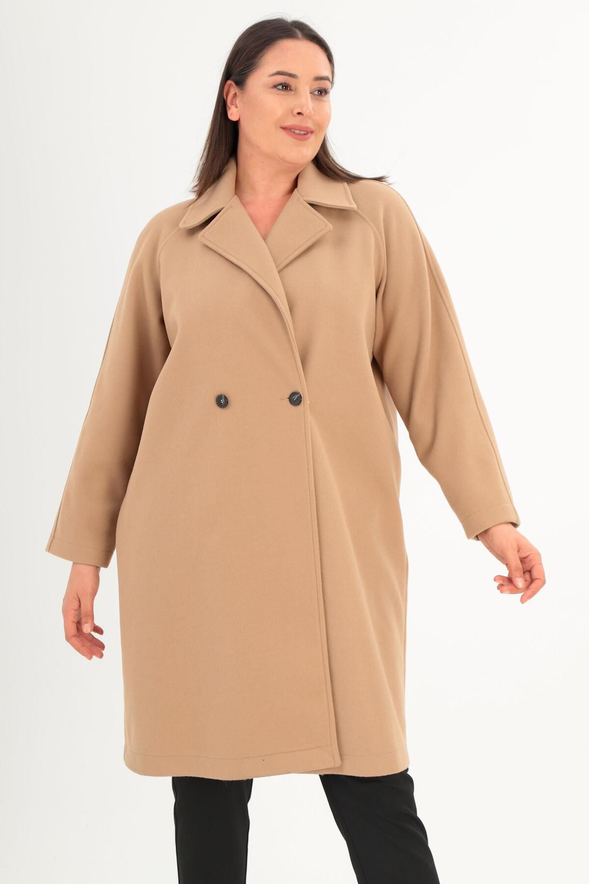 Metpoint-Trend42Plus Plus Size Buttoned Detailed Stamped Beige Coat 2