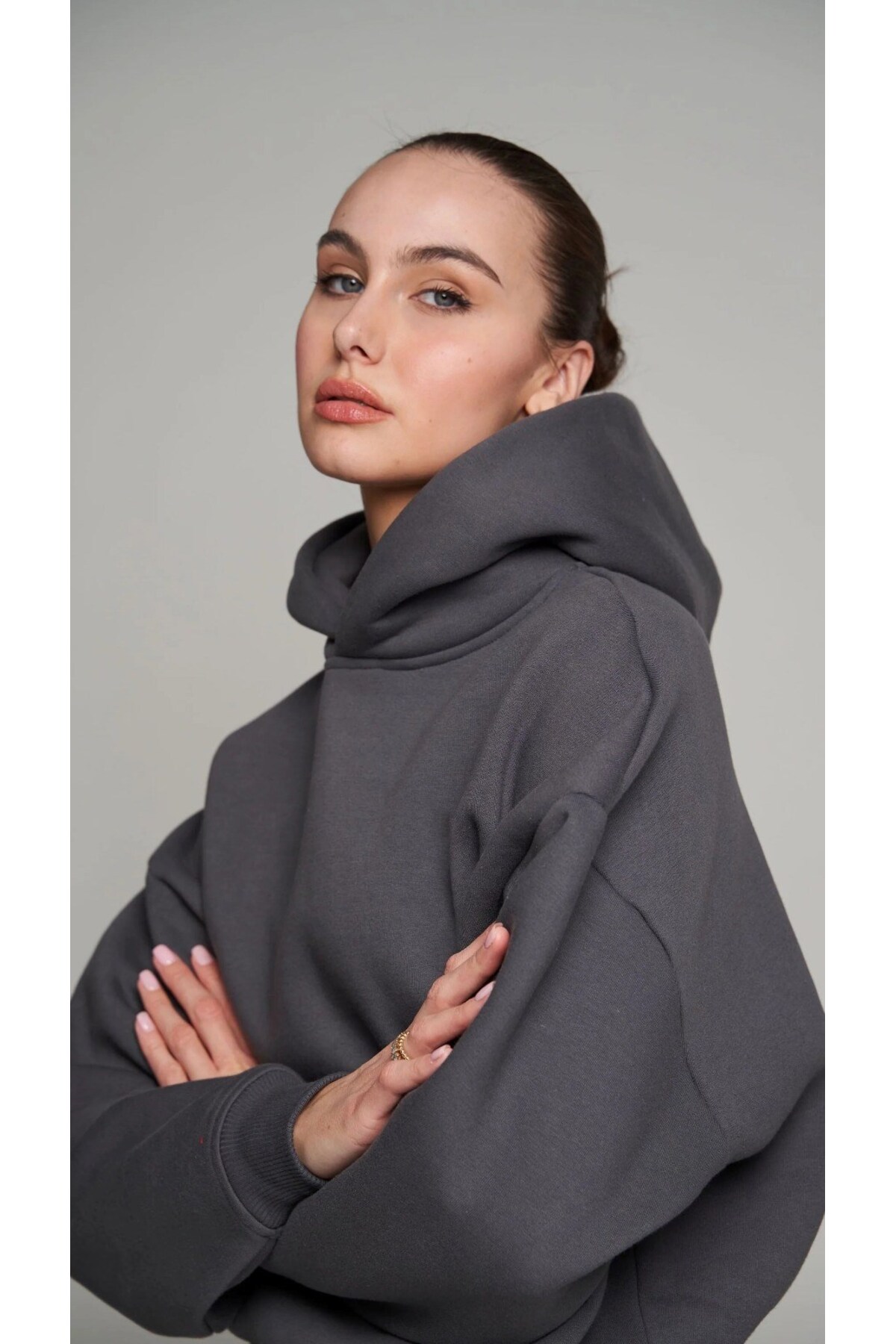 The Champ Clothing Kadın Oversize Sweatshirt Hoodie Basic Füme, Kapüşonlu, Kanguru Cep, 3 İplik Şardonlu görsel 4