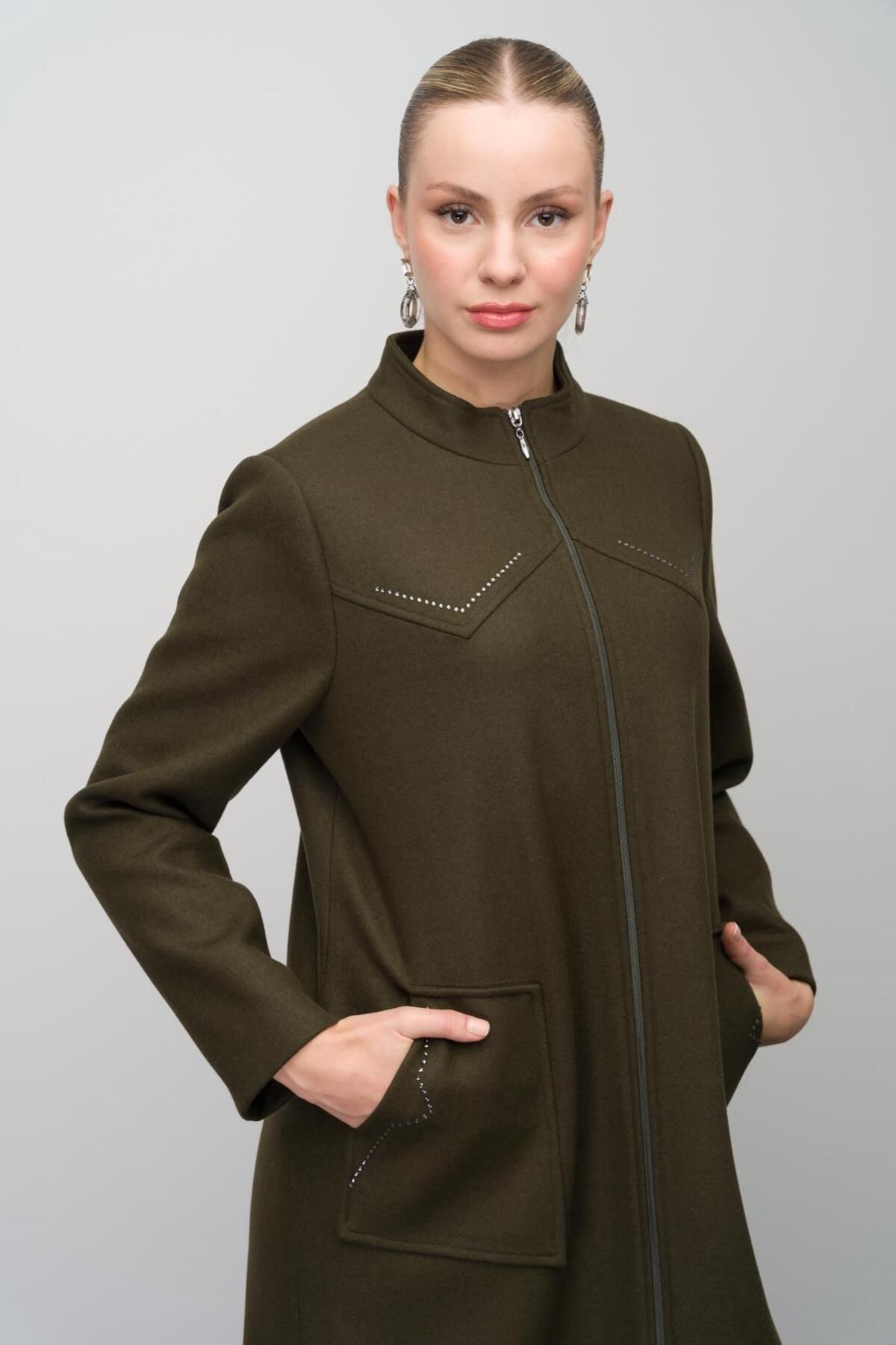 Olcay-Stone Detailed Large Size Wool Blended Long Cap Khaki 6634 2