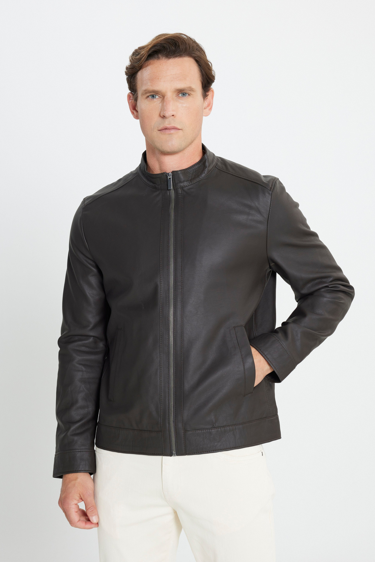 AC&Co / Altınyıldız Classics-Braune Lederjacke für Herren, Standard-Passform, normaler Schnitt, Stehkragen 5