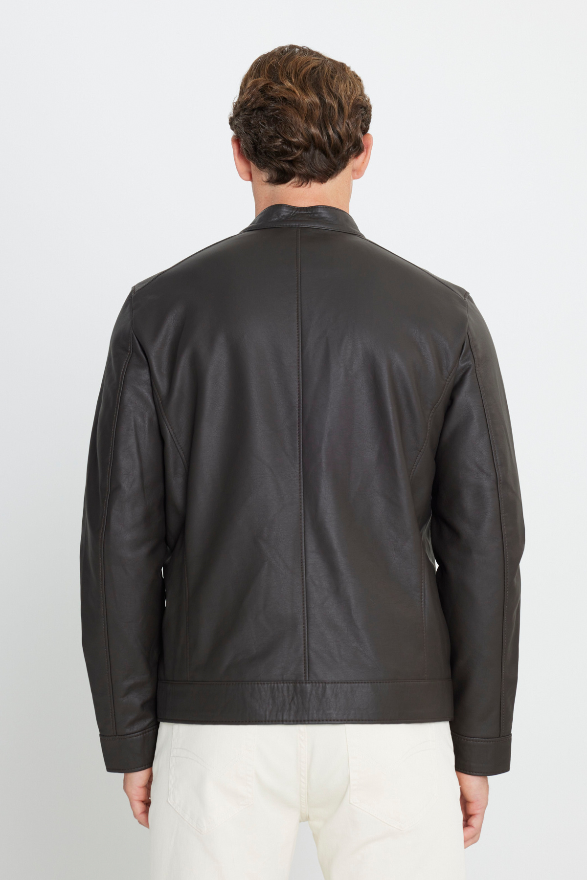 AC&Co / Altınyıldız Classics-Braune Lederjacke für Herren, Standard-Passform, normaler Schnitt, Stehkragen 6