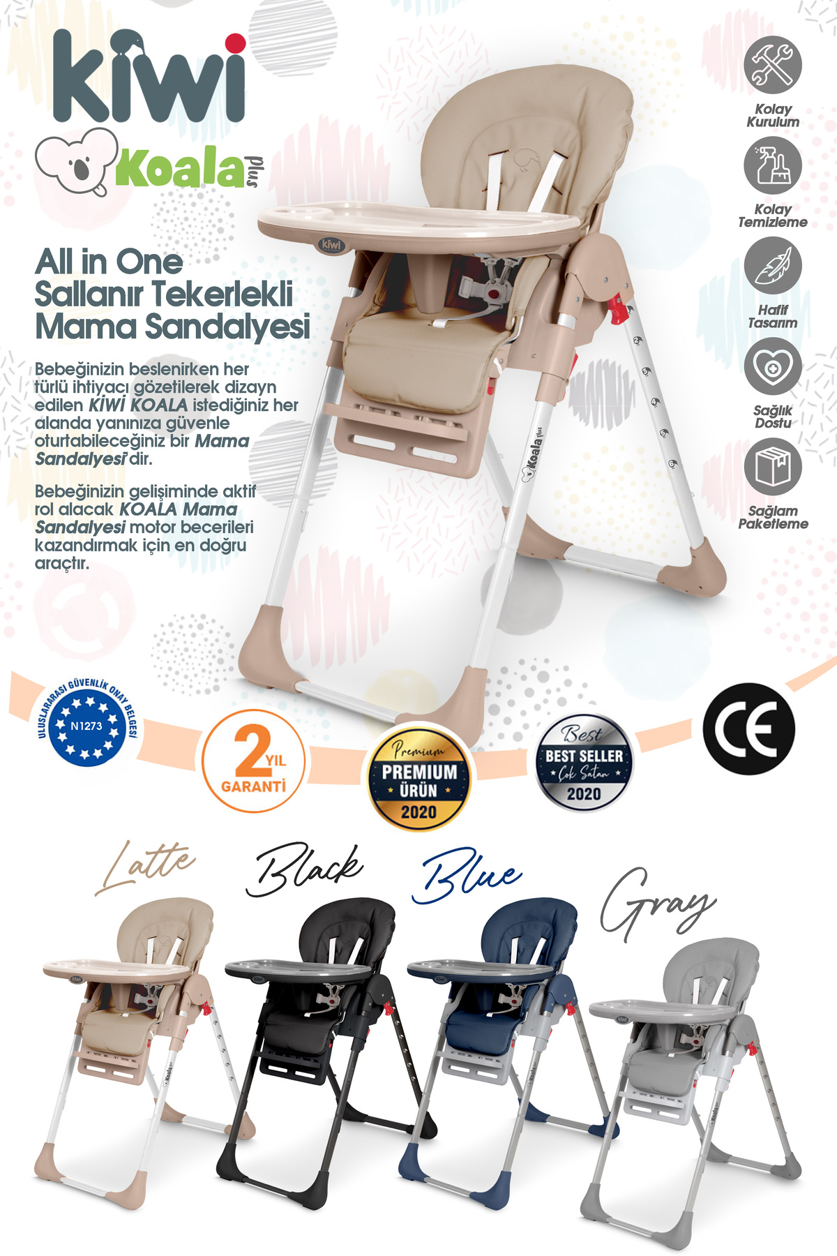 Kiwi Koala All In One Katlanır Tekerlekli Mama Sandalyesi - Yeşil fotoğrafı 3 (önizleme)