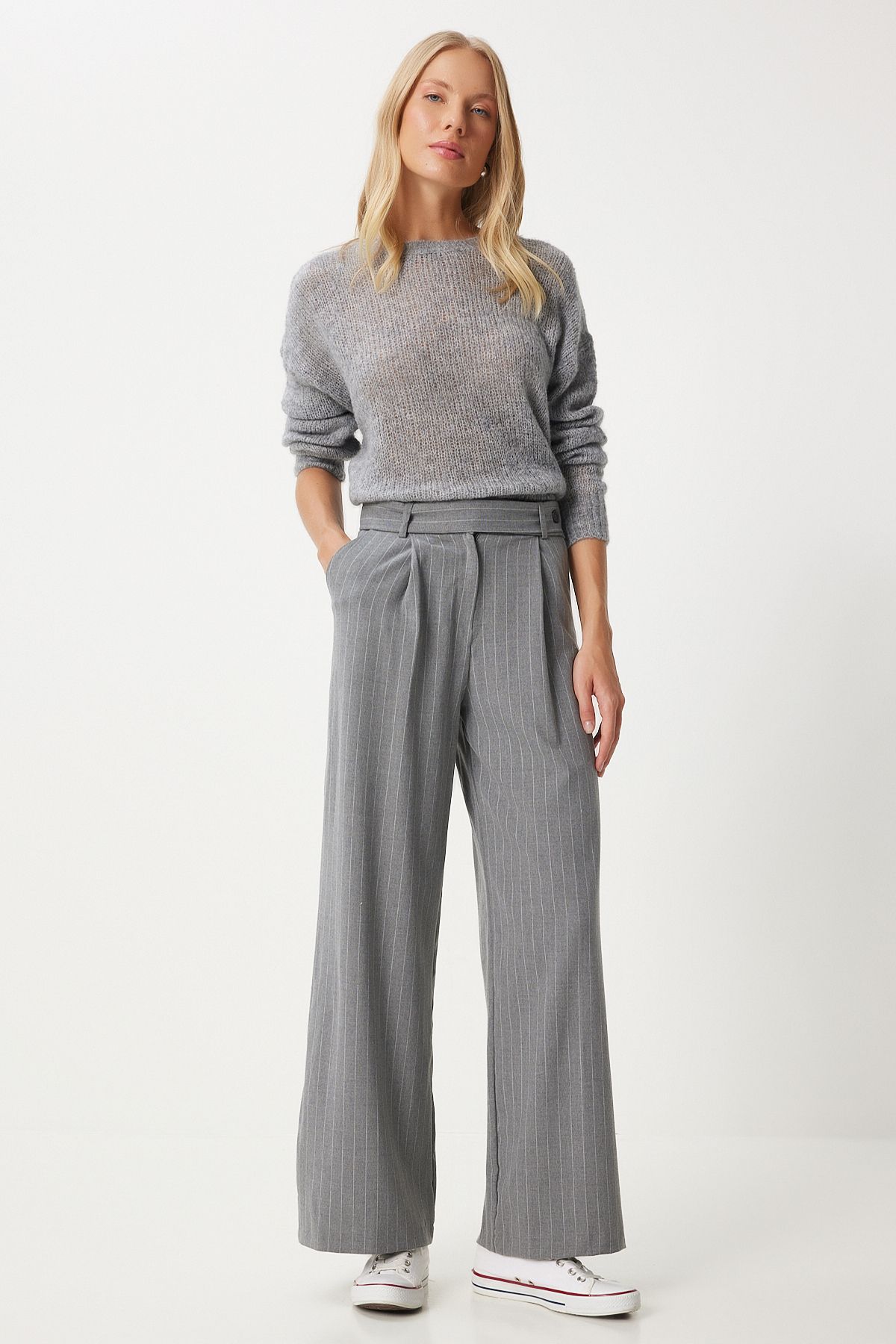 Happiness İstanbul-Gray Thin Striped Women's Trousers - Wide Leg Fn03372 2