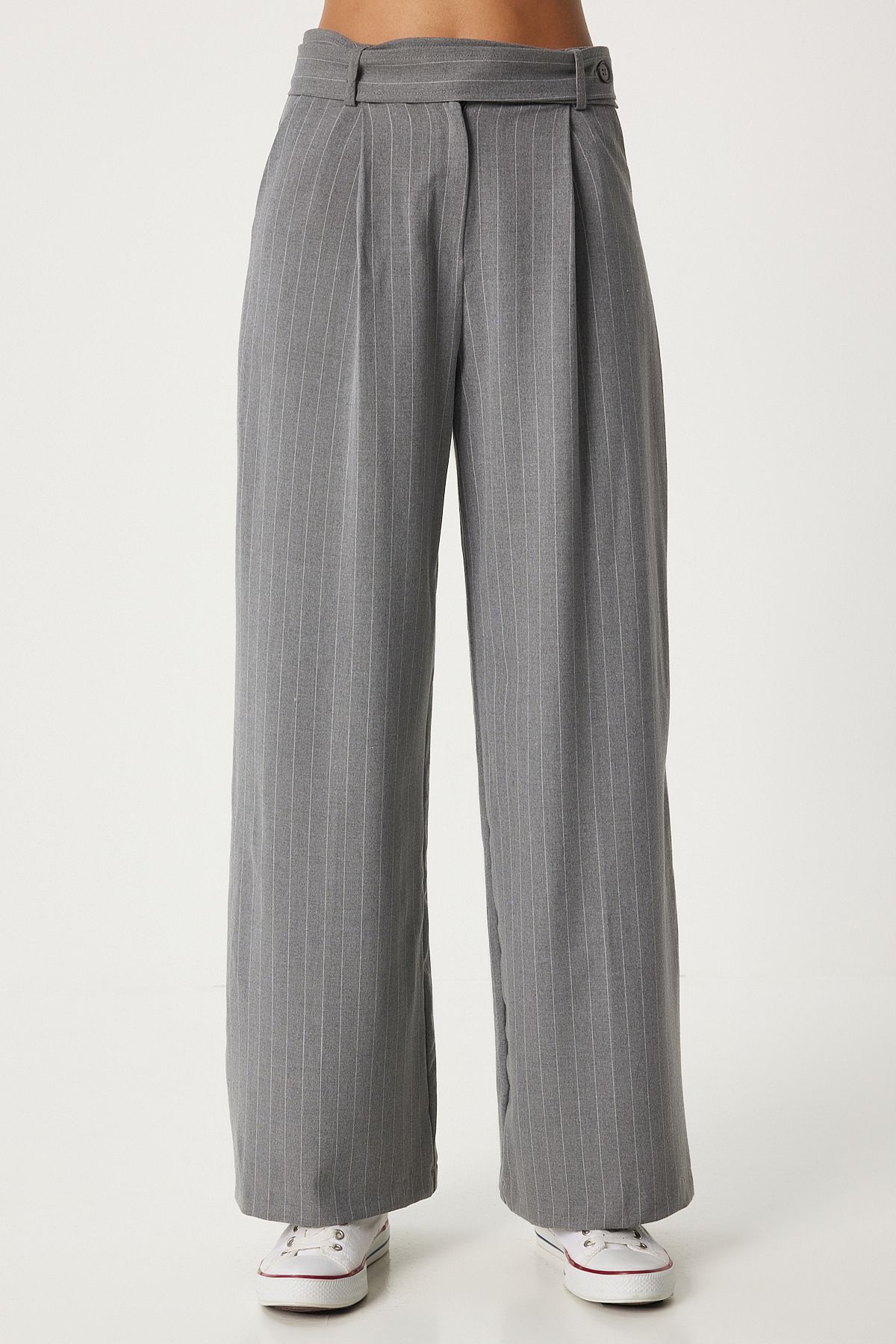Happiness İstanbul-Gray Thin Striped Women's Trousers - Wide Leg Fn03372 3