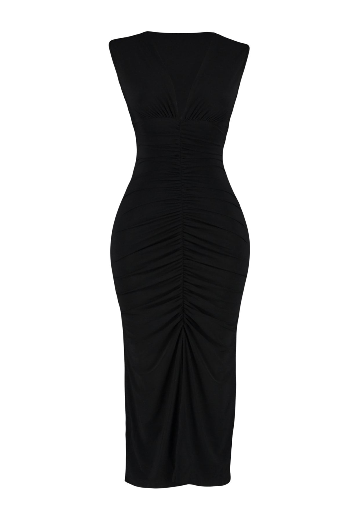 Trendyolmilla  Siyah Fitted/Vücuda Oturan Büzgü Detaylı Midi Esnek Örme Kalem Elbise TWOSS23EL00751 - Görsel 7