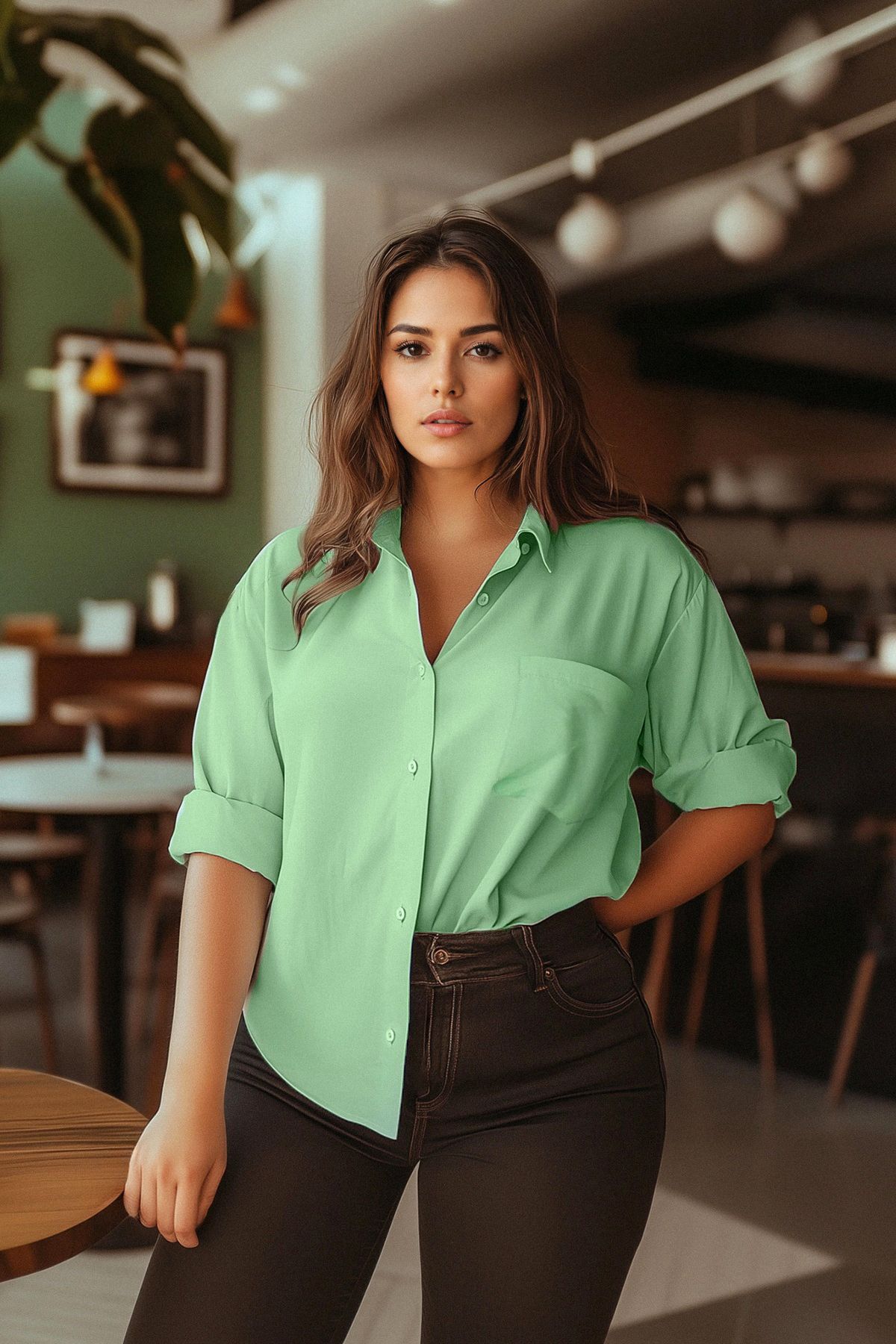 Trendyol Curve Zielona Tkana Koszula Typu Boyfriend Kobieta - 46