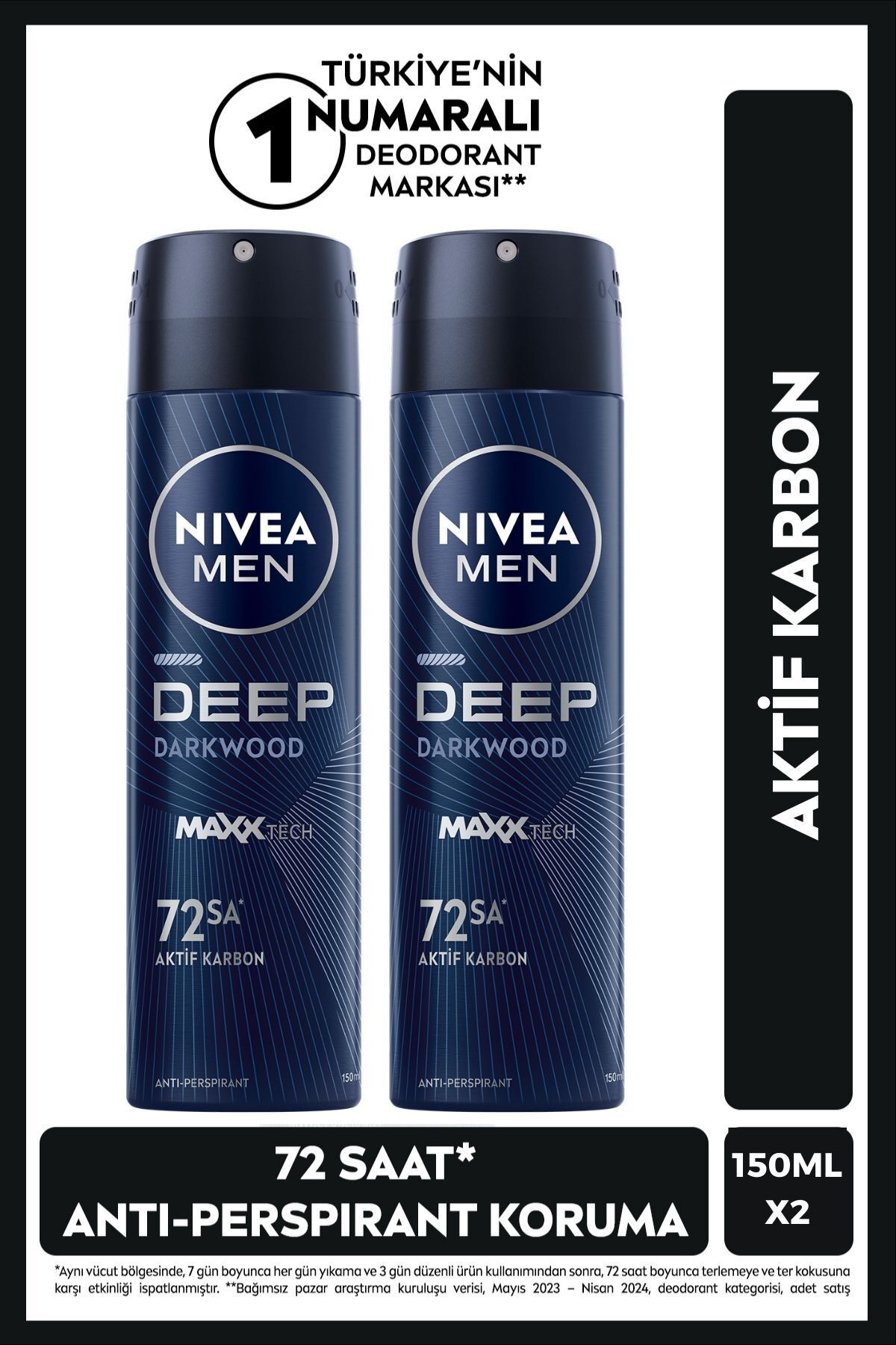اسپری مردانه دئودورانت Deep Dimension Activated Carbon 150ml، 72 ساعت محافظ ضد تعریق، X2 Pieces NIVEA
