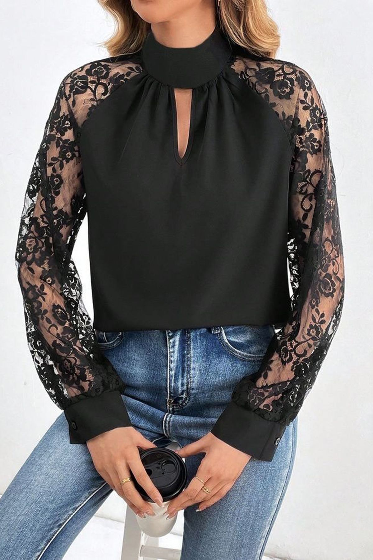Trendyol Collection-Bluză neagră cu mâneci din dantelă TPRAW25BZ00051 2