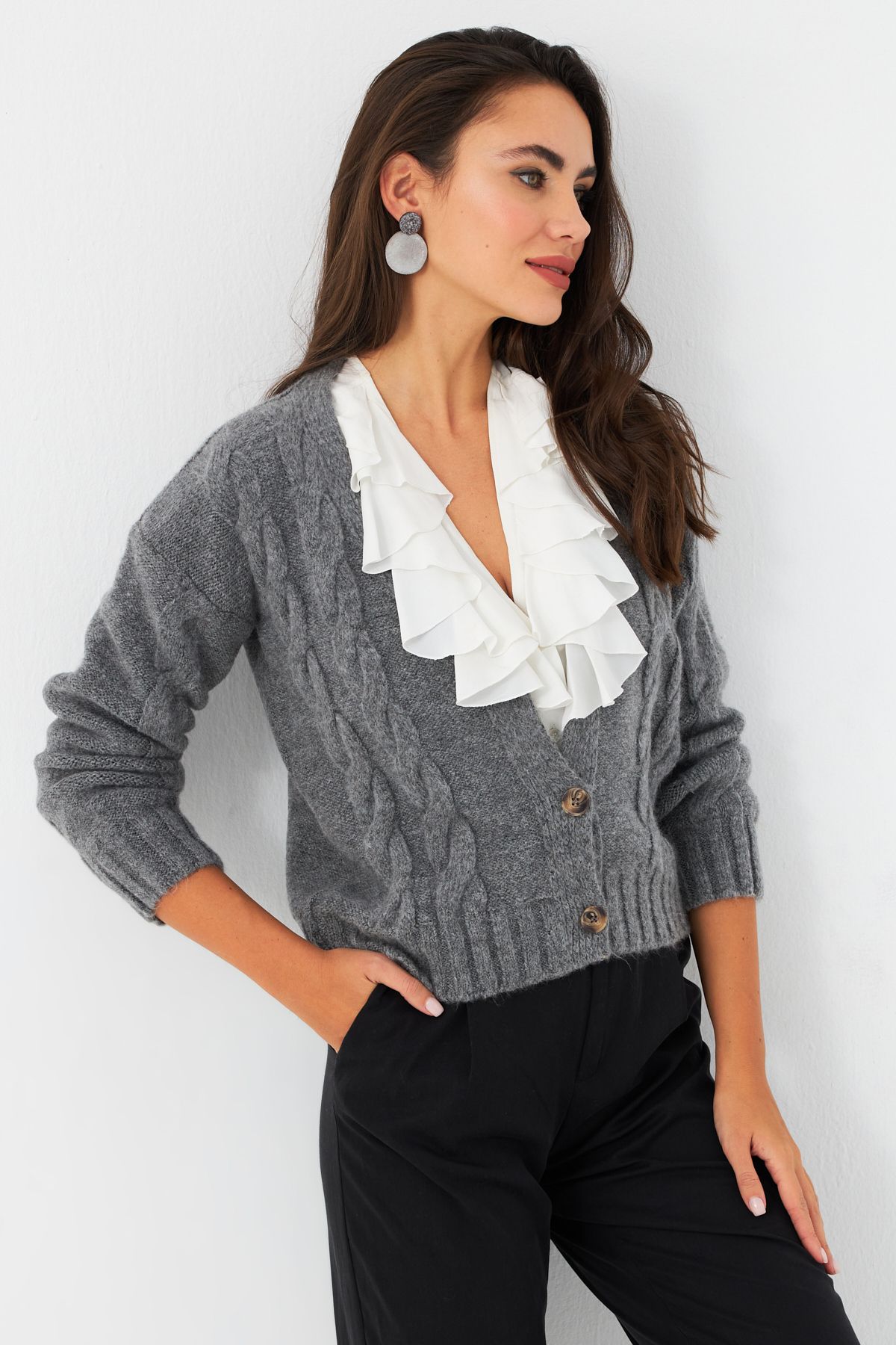Cool & Sexy-Anthrazitfarbene geflochtene Strickjacke für Damen YV295 5