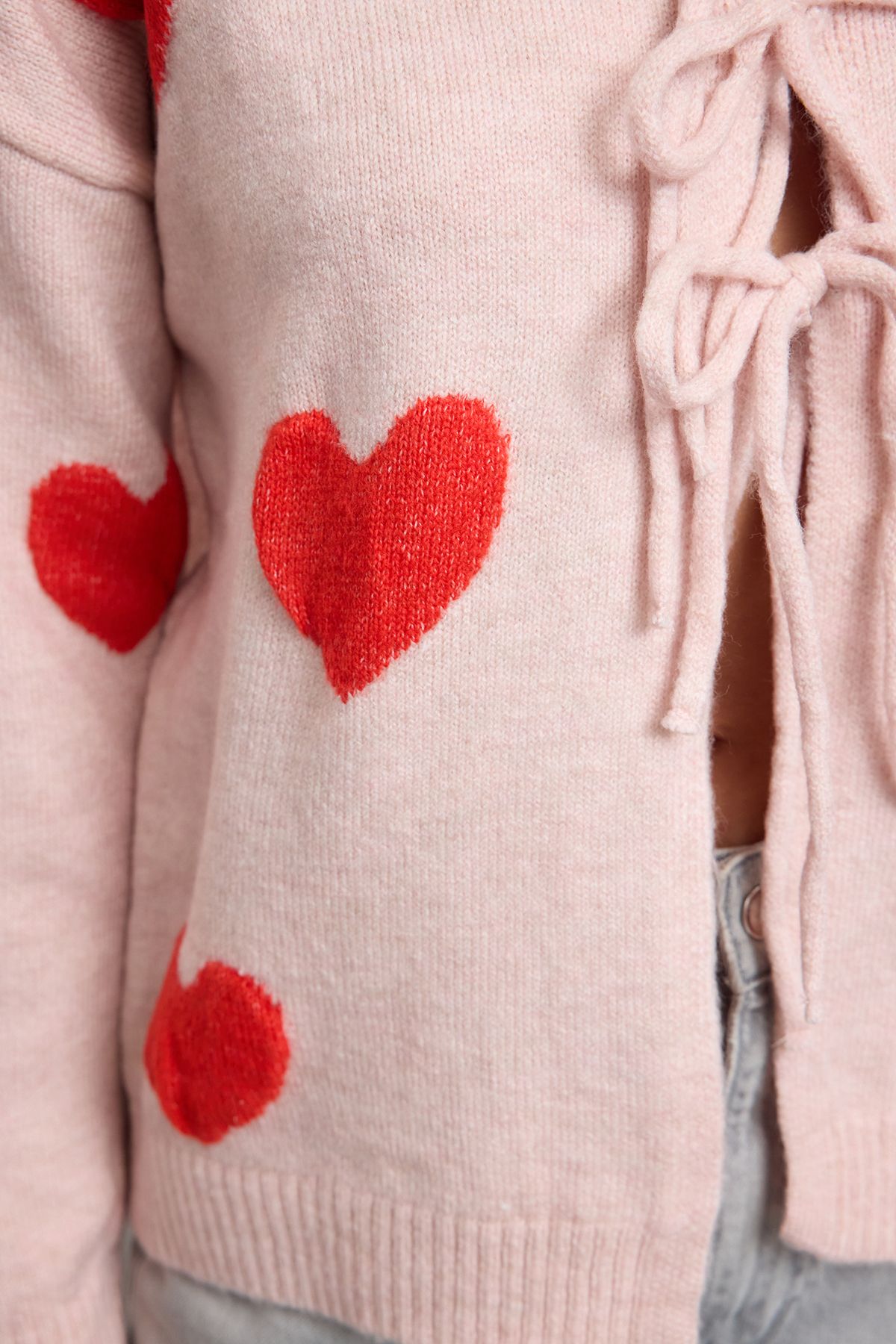 Trendyol Collection-Pink Heart Patterned Knitwear Cardigan with Tie Detail Twoaw25Hi00362 4