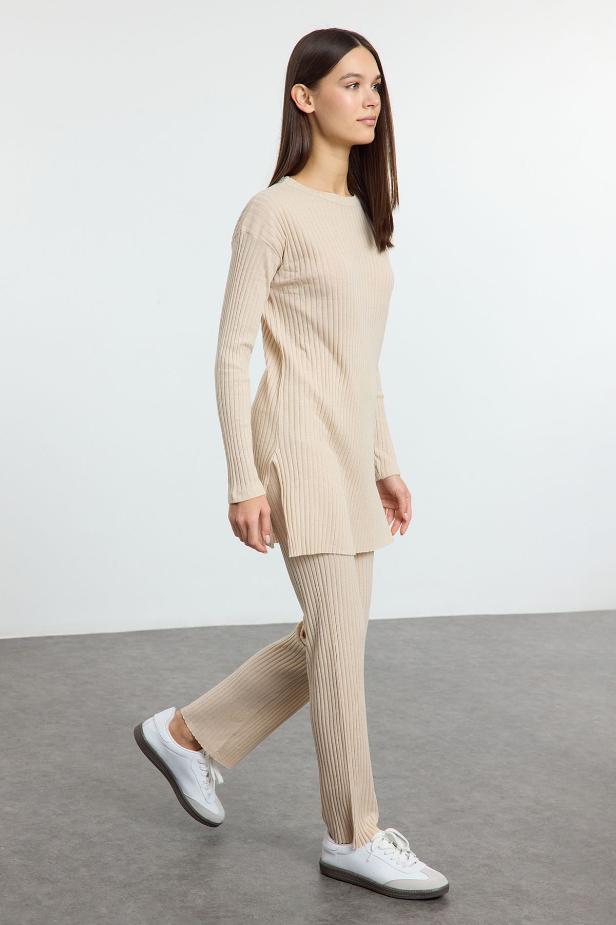 Trendyol Collection-Stretchy Ribbed Knitted - Stone Slit Palazzo Blouse & Bottom Suit Twoaw25Au00152 1