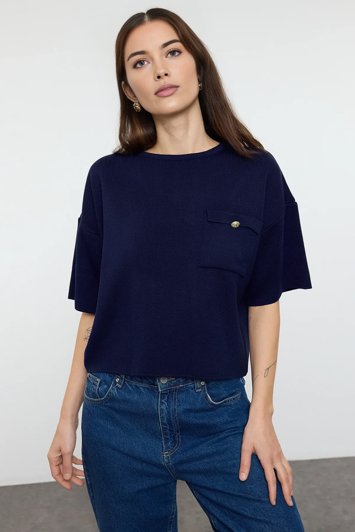 Trendyolmilla  Lacivert Cep Detaylı Triko Kazak TWOAW25KZ00064 - Görsel 2