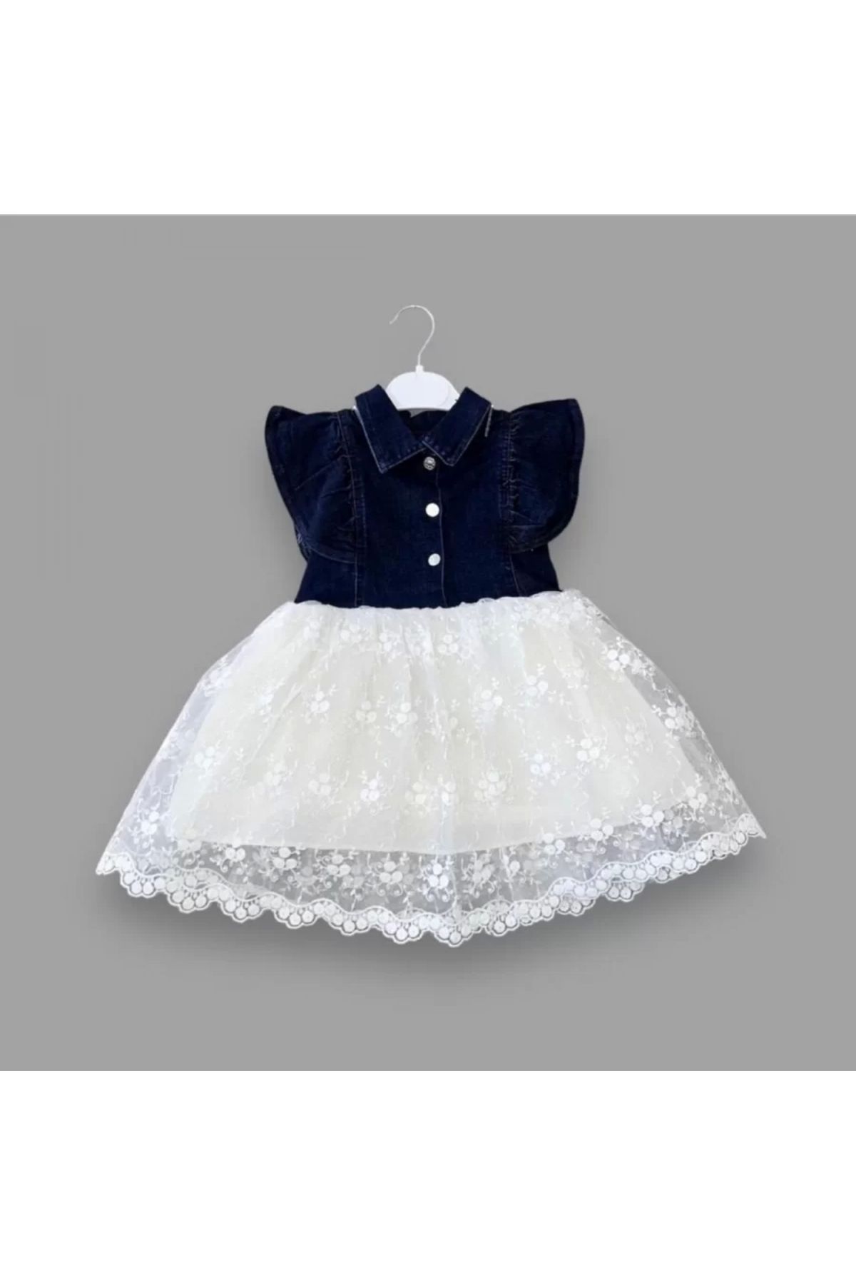 Eng-Lined Embroidery Skirted Denim Fabric Buttoned Girl's Dress Navy Blue 2