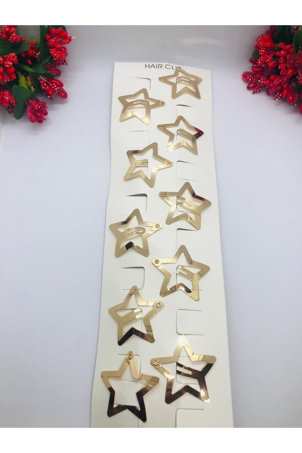 İnDerin Gold Rengi Çok Şık Yıldızlı Çıtçıtlı Saç Tokası 10'lu (3cm) görsel 3