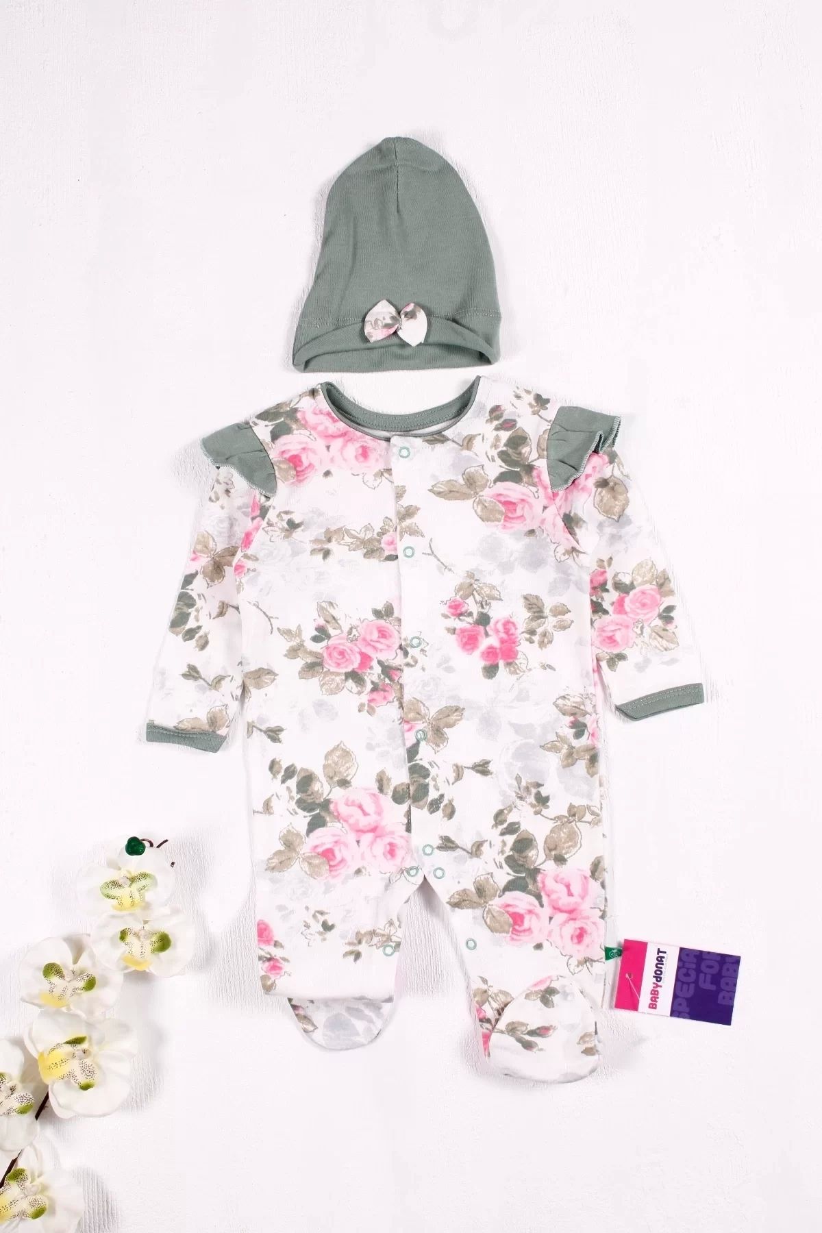 Eng-Baby Girl Jumpsuit with Floral Patterned Hat 2