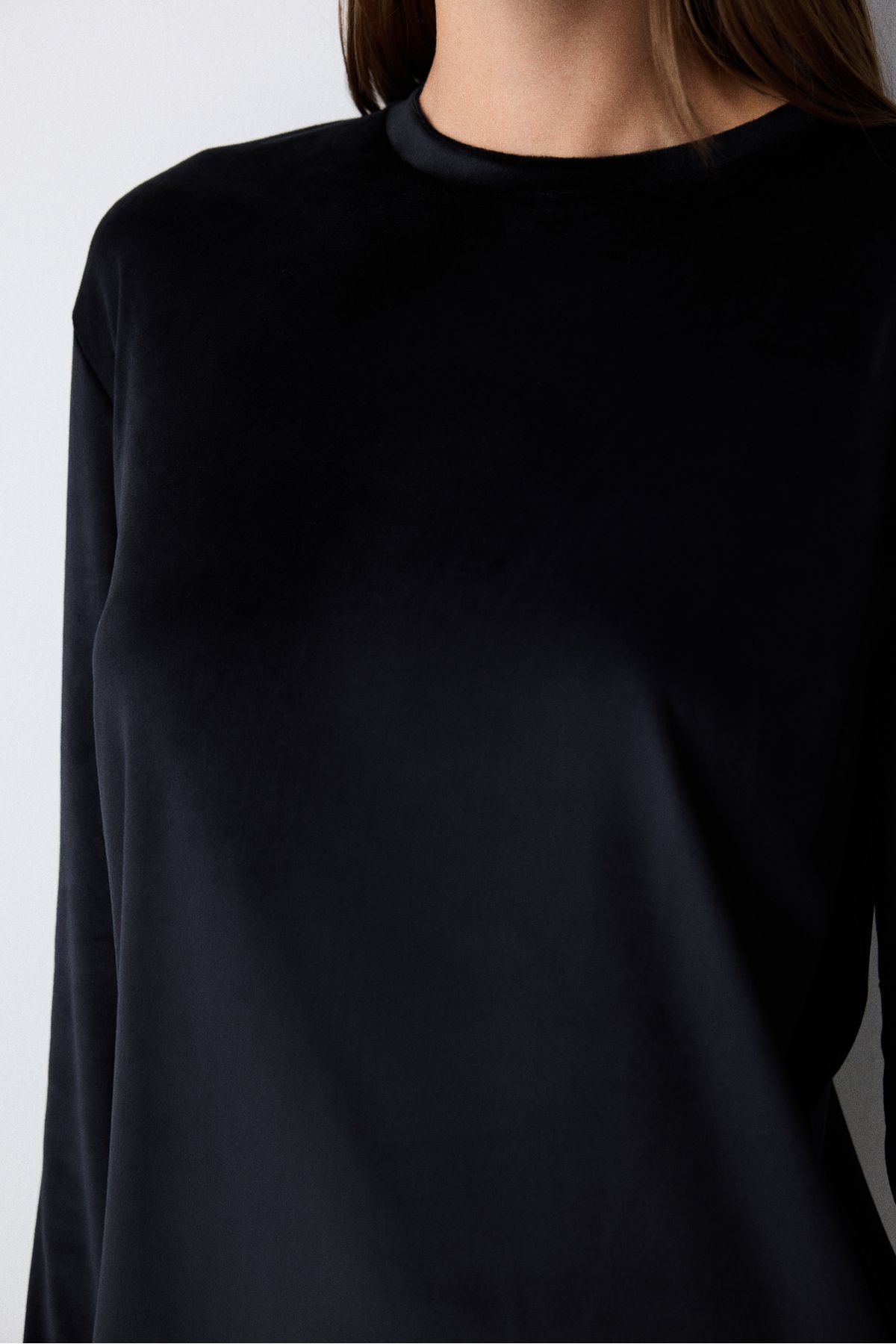 Black Fuzzy Solid Siyah Pijama Üstü - 3