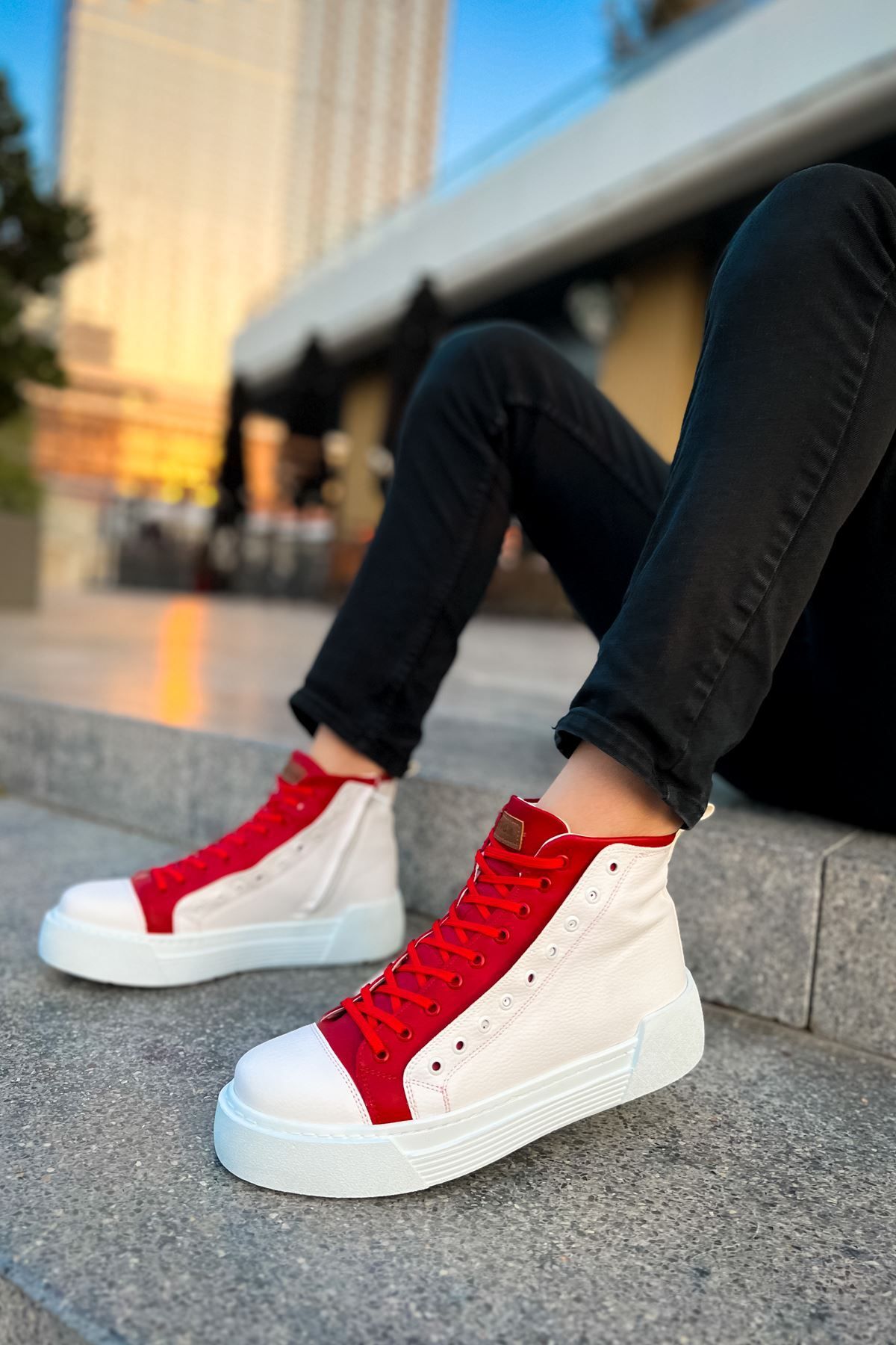Joy Man-J167 Blazer ανδρικές αθλητικές μπότες - Casual δέρμα, ορθοπεδική σόλα, κορδόνια και φερμουάρ, λευκό/κόκκινο CBT 3