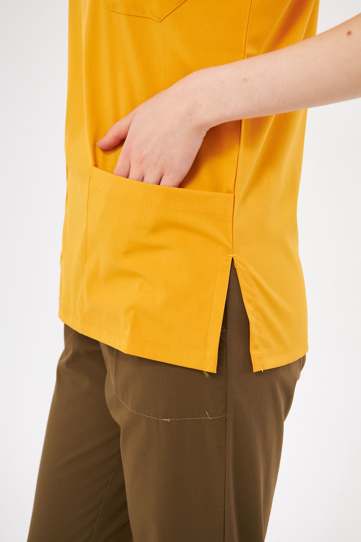 Class Üniforma-Set de scrubs unisex - muștar kaki, lycra, mânecă liliac, uniformă pentru asistentă și doctor 7