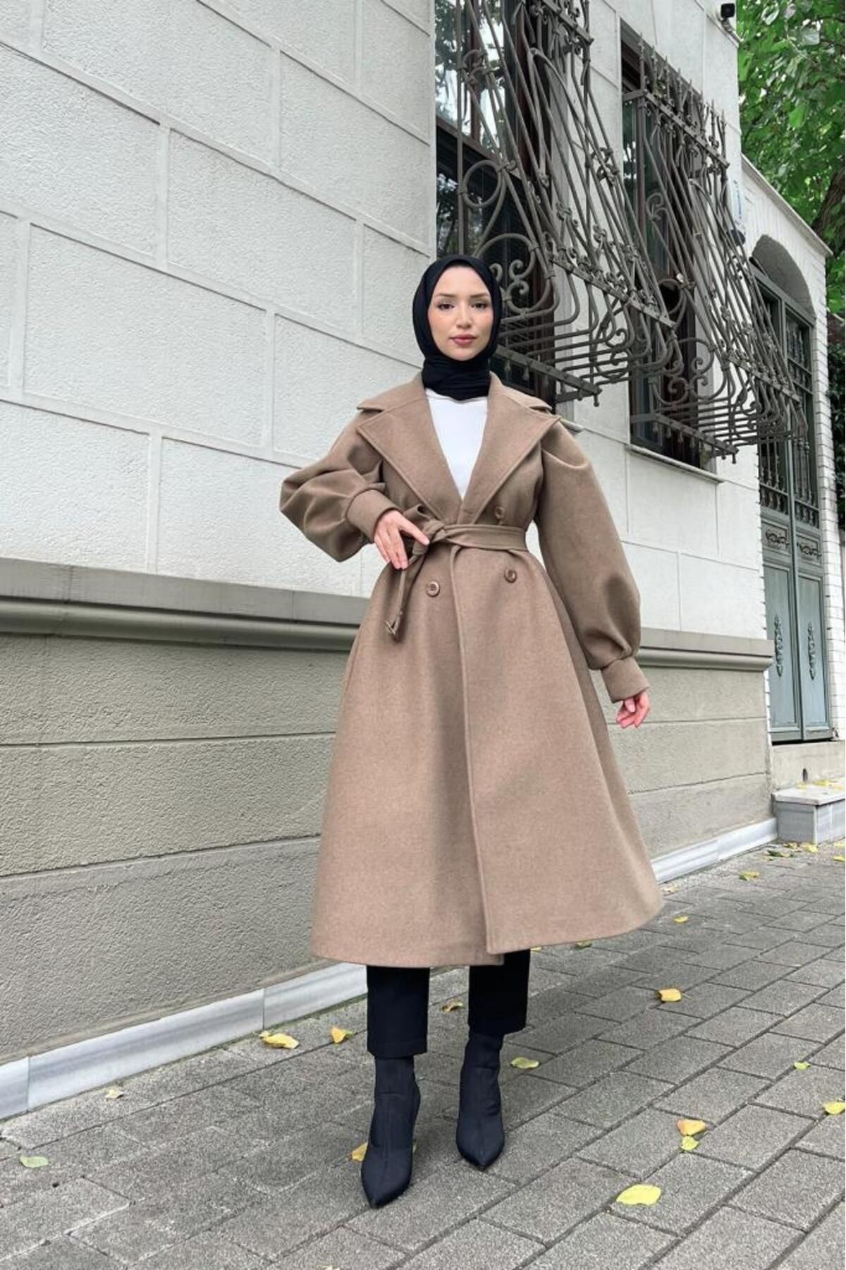 Lamia Giyim-Comfortable Sleeve Hijab Cashew Coat with Balloon Cuts - Mink 2