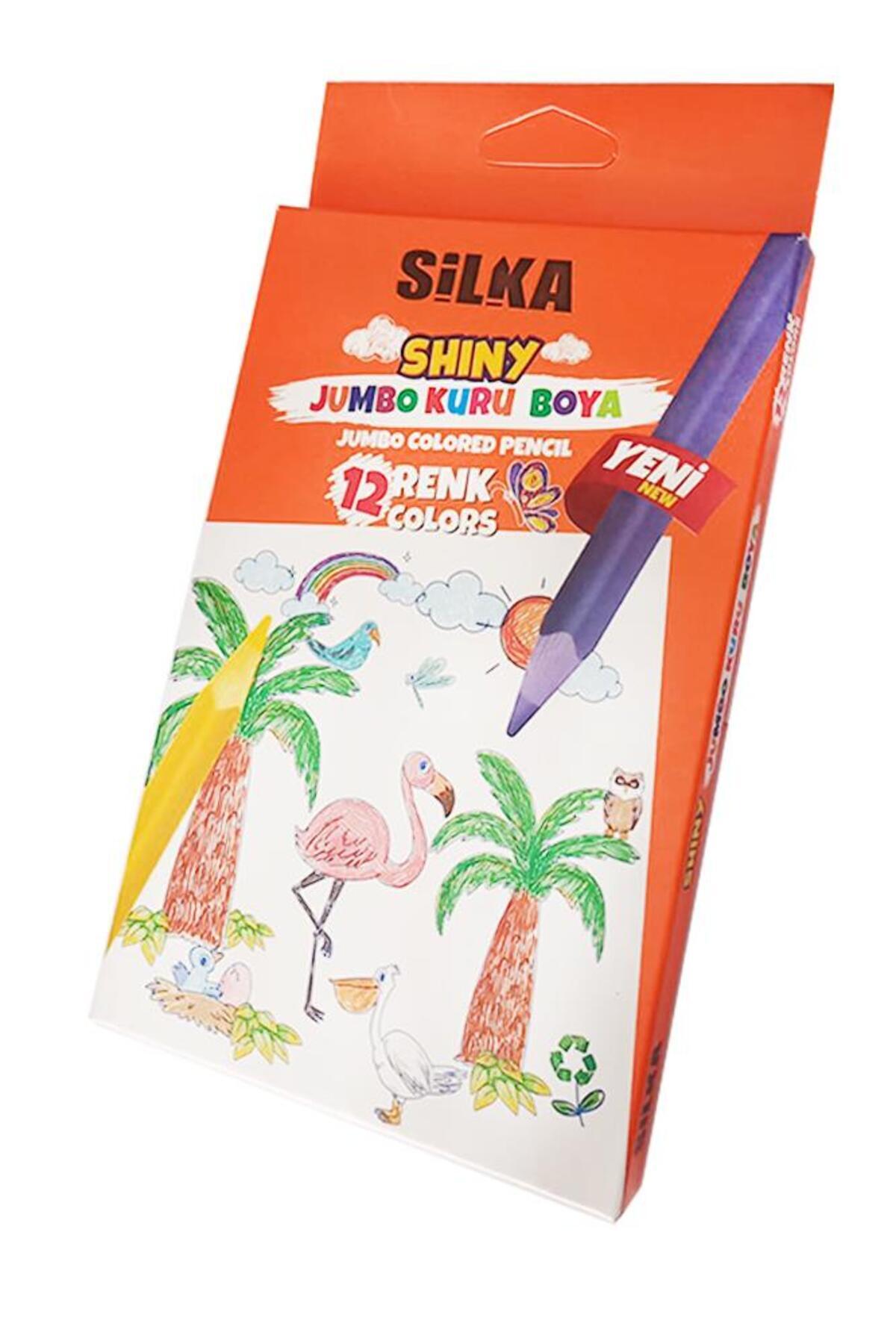 Silka Kuru Boya Jumbo 12 Renk Tam Boy 1 Paket Jumbo Kuru Boya Kalemi 12'li Üçgen Kolay Kullanım Canlı Ren