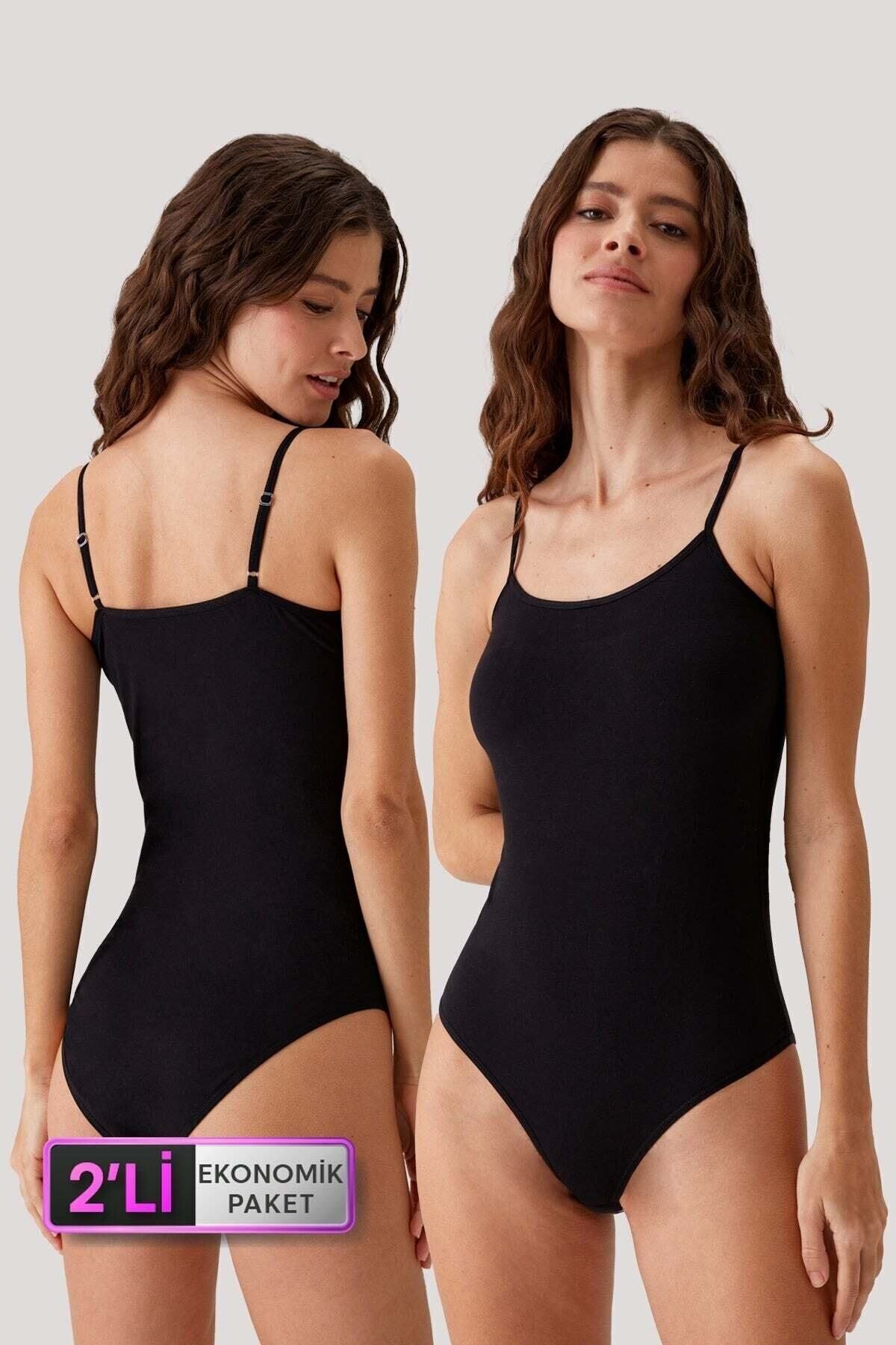 Pierre Cardin 2'li Ekonomik Paket Siyah 3004 Ince Askılı Basic Pamuklu Çıtçıtlı Body / Atlet Set