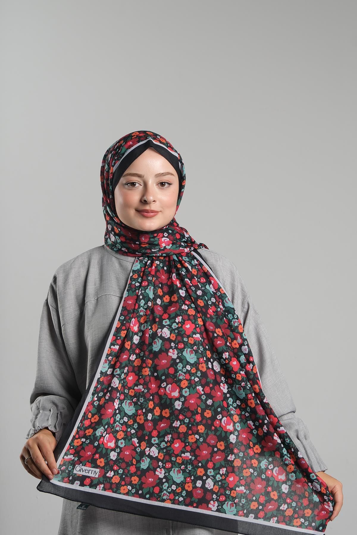 Giverny-Cotton Floral Patterned Burgundy Shawl - Digital Printing, Cut Fiber 202113 _16 1