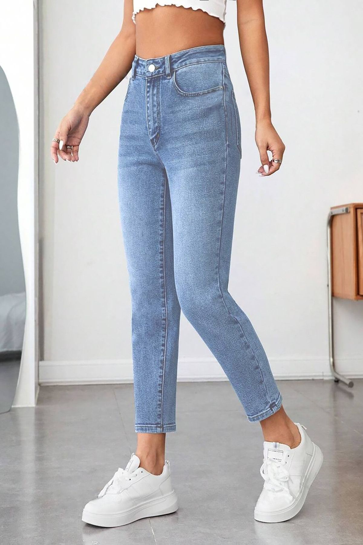 CEDY DENIM Mom Fit Jean Yüksek Bel Boyfriend Kesim Likrasız Açık Mavi Kadın Kot Pantolon C599