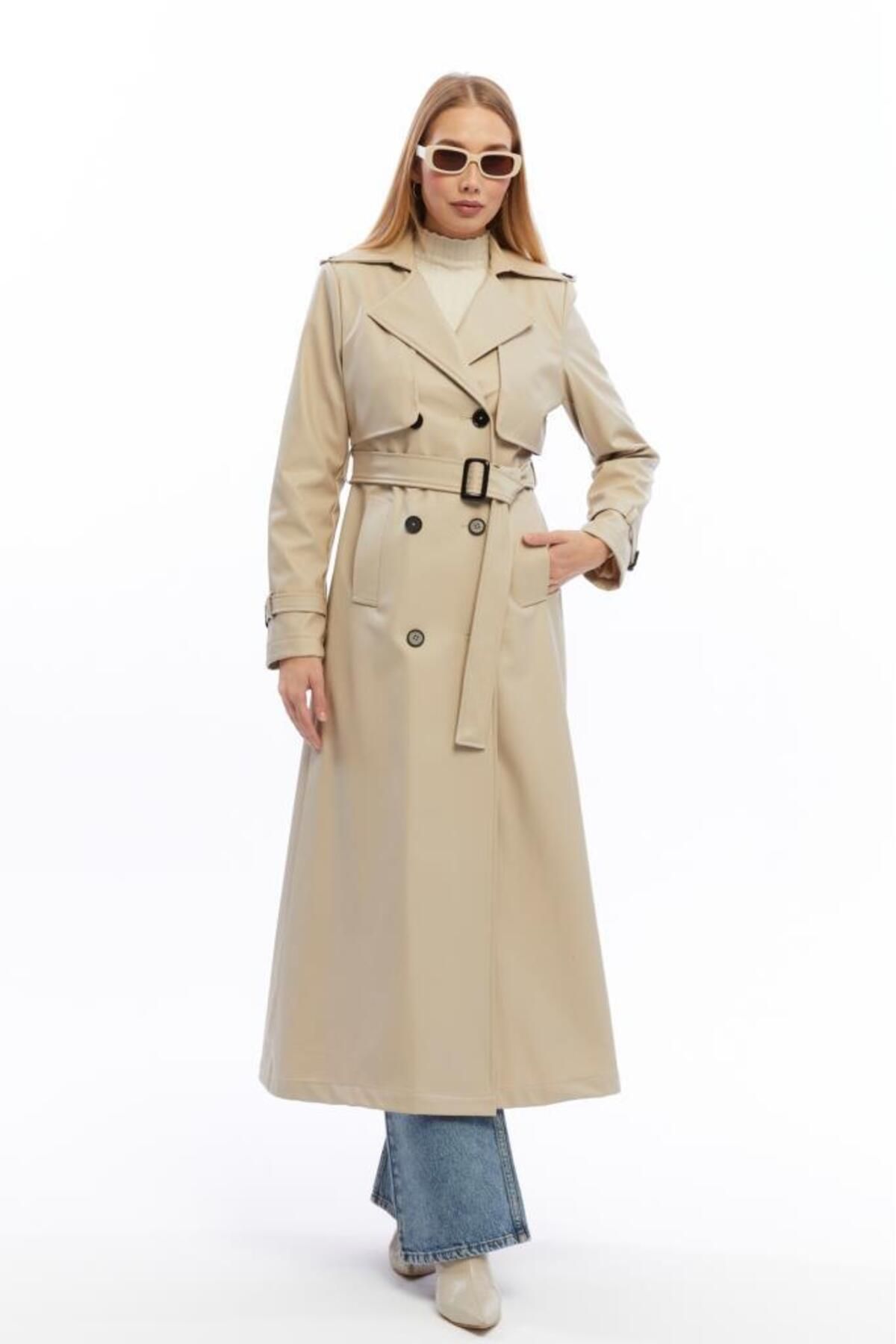 Jamila-Long Leather Trench Coat with Double Pockets 2