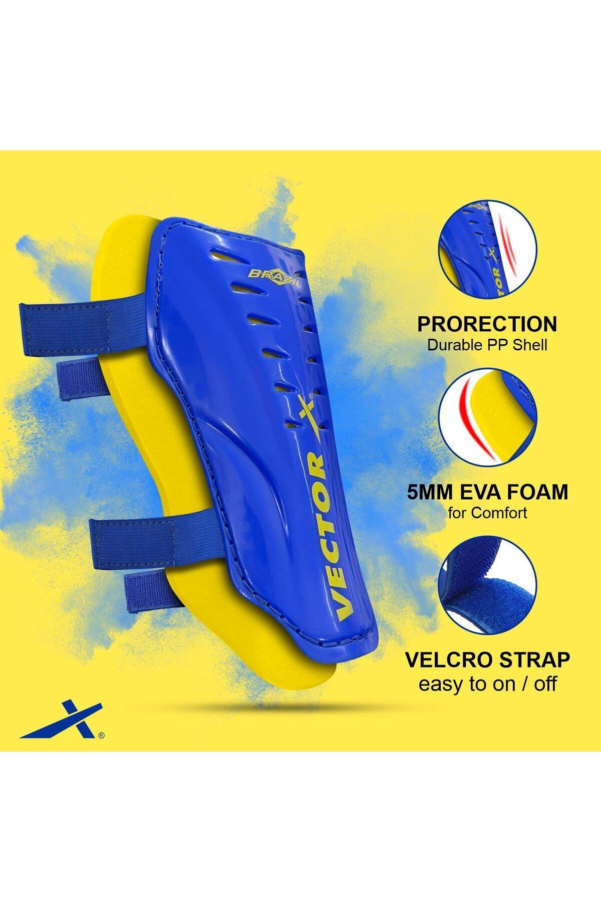 Vector-X Football Shinguard | Adjustable Velcro | Blue/yellow | Small/medium | Lightweight 2