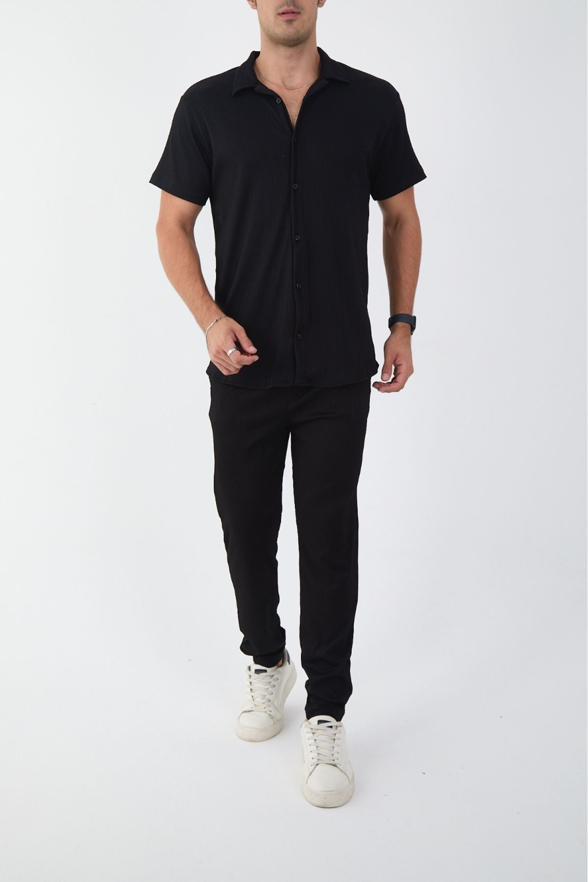 MCZ-Men's Short Sleeve Slim Fit Slim Fit Shirt Collar Black Shirt and Pipe Leg Pants Bottom Top Set 1