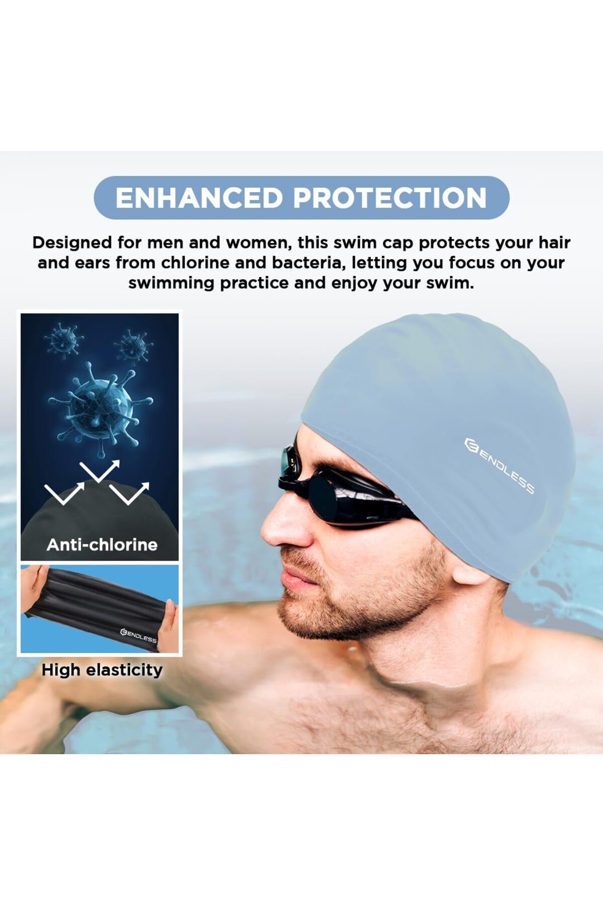 Endless-Comfortable Silicon Swimming Cap | Ergonomic Ear Pockets | Free Size | Silver 4