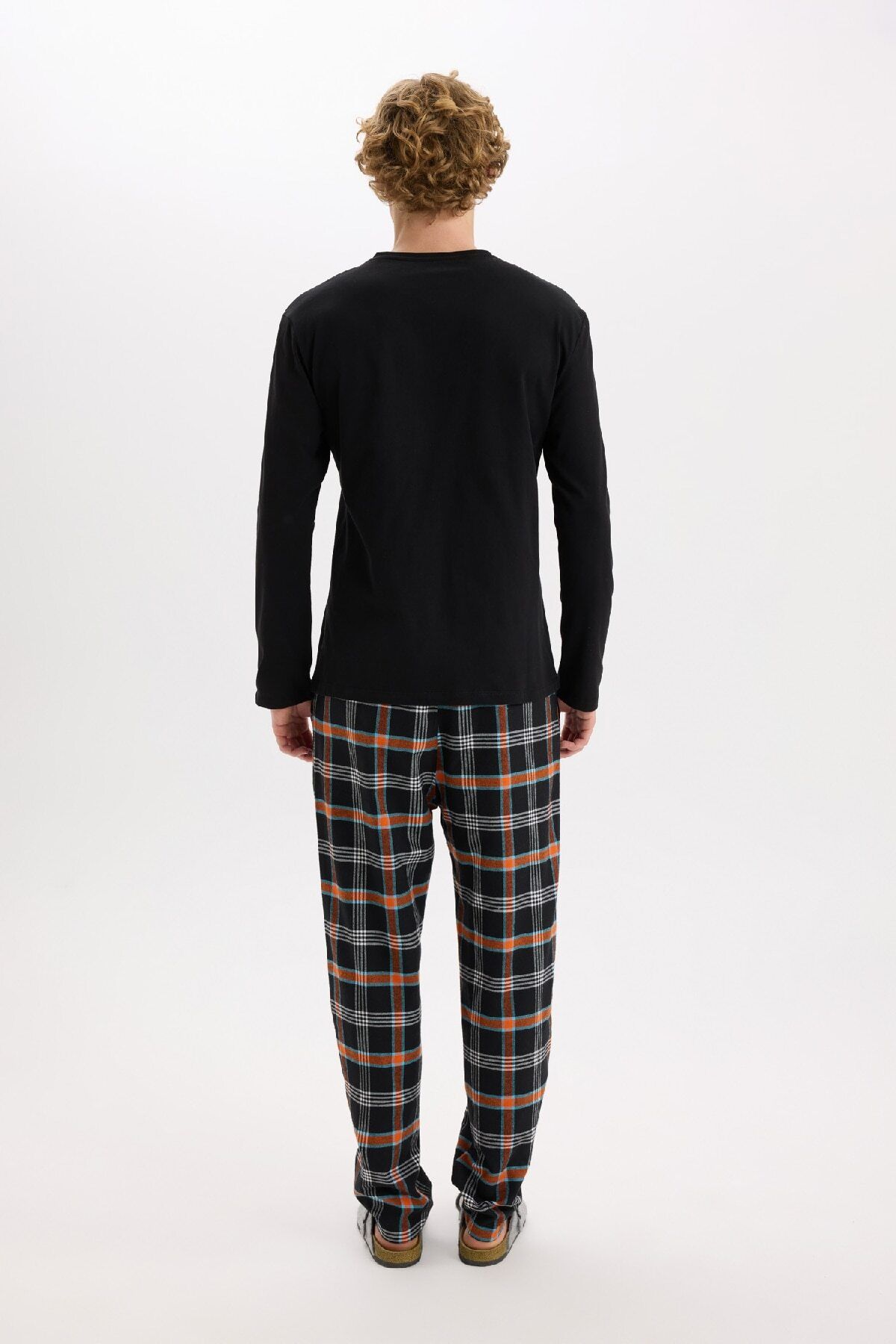 DeFacto-Crew Neck Long Sleeve Pajamas Set - Regular Fit, Top Check, Long Bottom C6122Ax24Wn 6