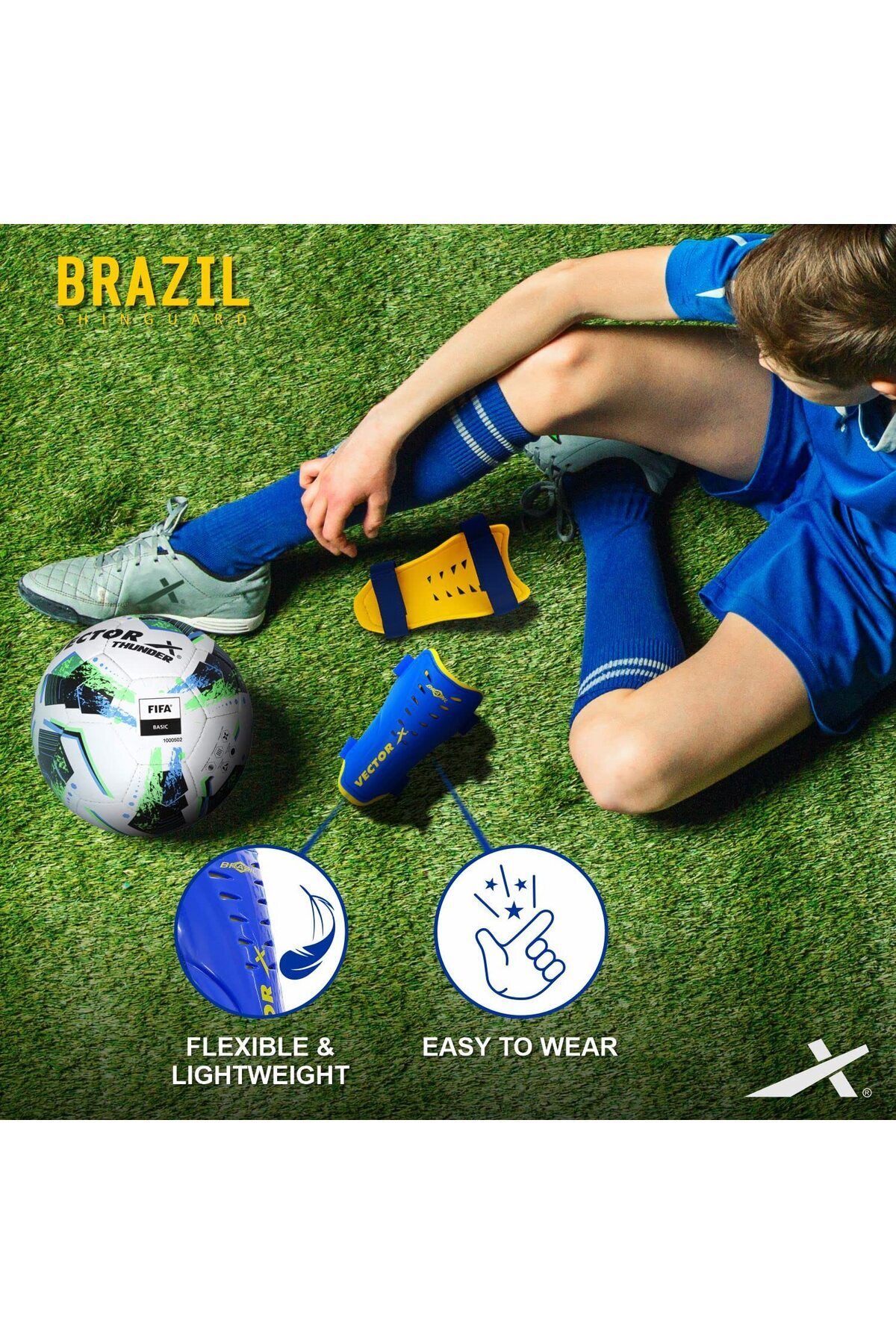 Vector-X Football Shinguard | Adjustable Velcro | Blue/yellow | Small/medium | Lightweight 5